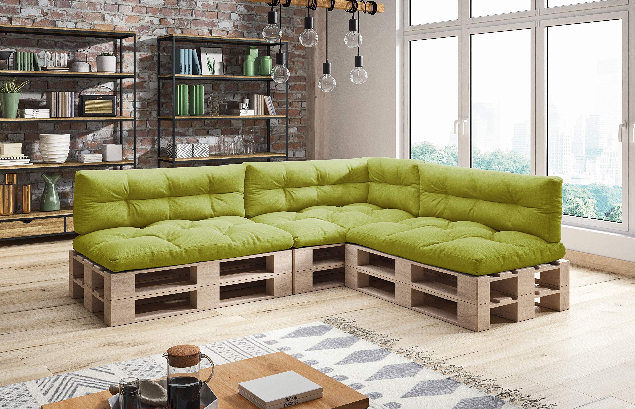 sunnypillow Set of 7 Cushions for Pallet Euro Sofa, Garden, Living Room – Outdoor – Large Bench Cushions – Various Sizes and Colours to Choose From – Floor Mattress (Seat + Back) – Green - 3
