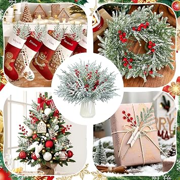 30Pcs Christmas Artificial Snowy Norfolk Pine Branches with 10 Berry Stems,14