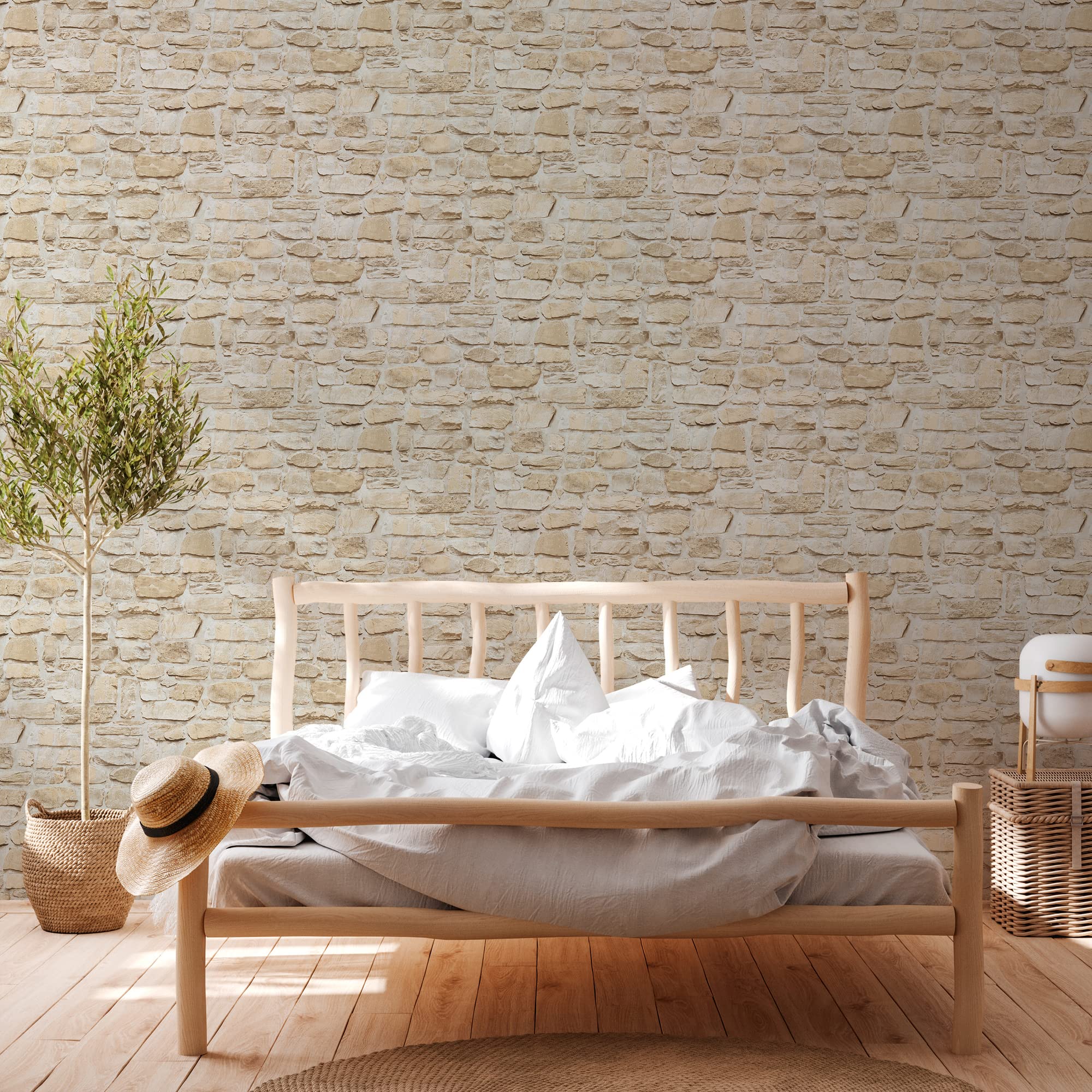 Papier peint autocollant vinyle lavable aspect pierre crème 8m
