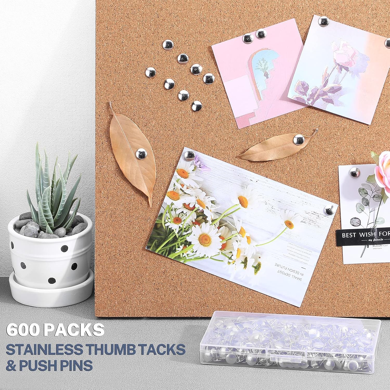 MROCO 600 Pack Thumb Tacks, Push Pins Steel Thumbtacks Sliver Thumb Tack Flat Head Push Pin, Office Thumbtack Clear Push Pins for Cork Board for Home, School, Sharp Steel Points 3/8 Inch Head
