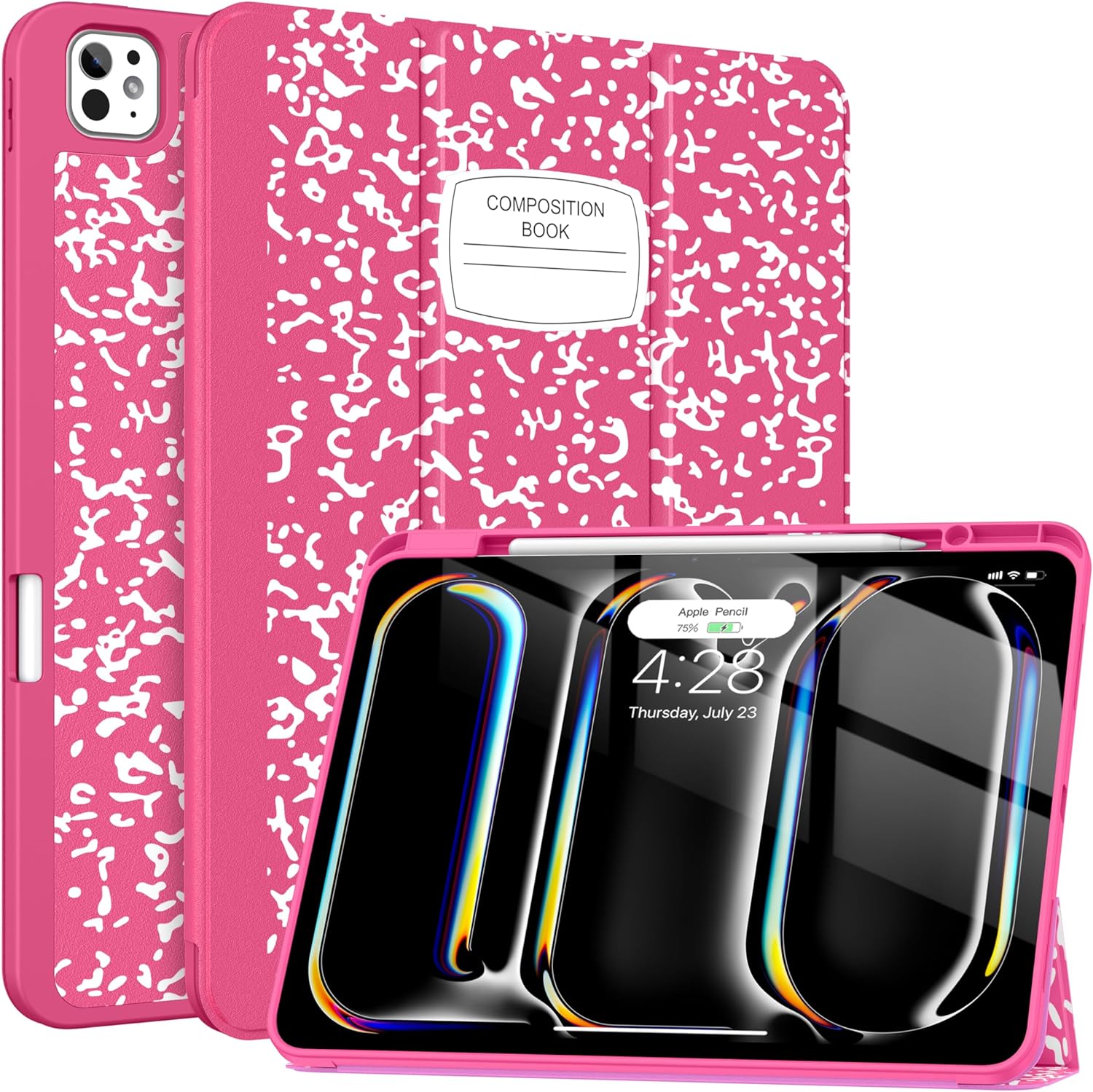 Soke Case for New iPad Pro 13 Inch (M5/M4, 2025/2024 Release), with Pencil Holder Trifold Stand Shockproof [Support Apple Pencil Charging + Auto Wake/Sleep], Soft TPU Back Cover, Book Hot Pink A-Book Hot Pink