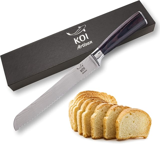 KOI ARTISAN Bread Knife - 8 Inch Razor Sharp Edge - High Carbon Stainless Steel Japanese Kinves Stylish Damascus Pattern - Serrated Knife for Cutting Homemade Bread, Cakes, Pastry & Crusty Bread