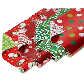 American Greetings Reversible Christmas Wrapping Paper Rolls, Red and Green Holiday Gift Wrap (105 sq. ft., 4 Rolls-30 in. x 12 ft.) Polka Dots, Trees, Snowmen and Snowflakes
