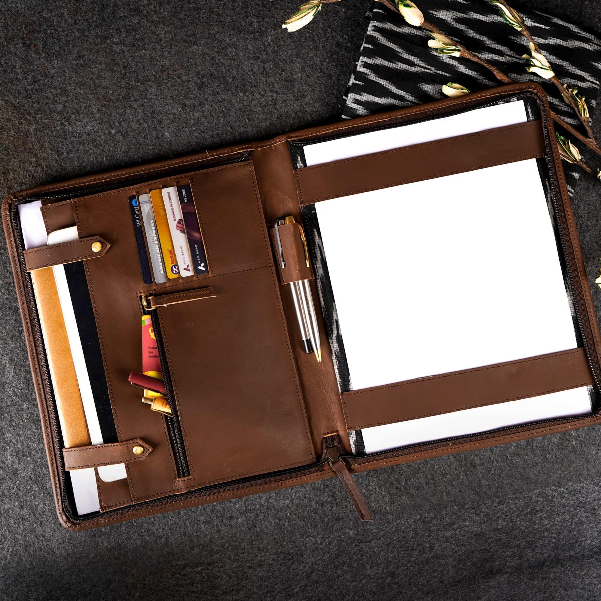 The leather warehouse genuine leather folder with zipper, executive file folder for A4 notebook, to carry documents/resume/loose paper and other small accessories, leather office gift for man & Women (Brown)