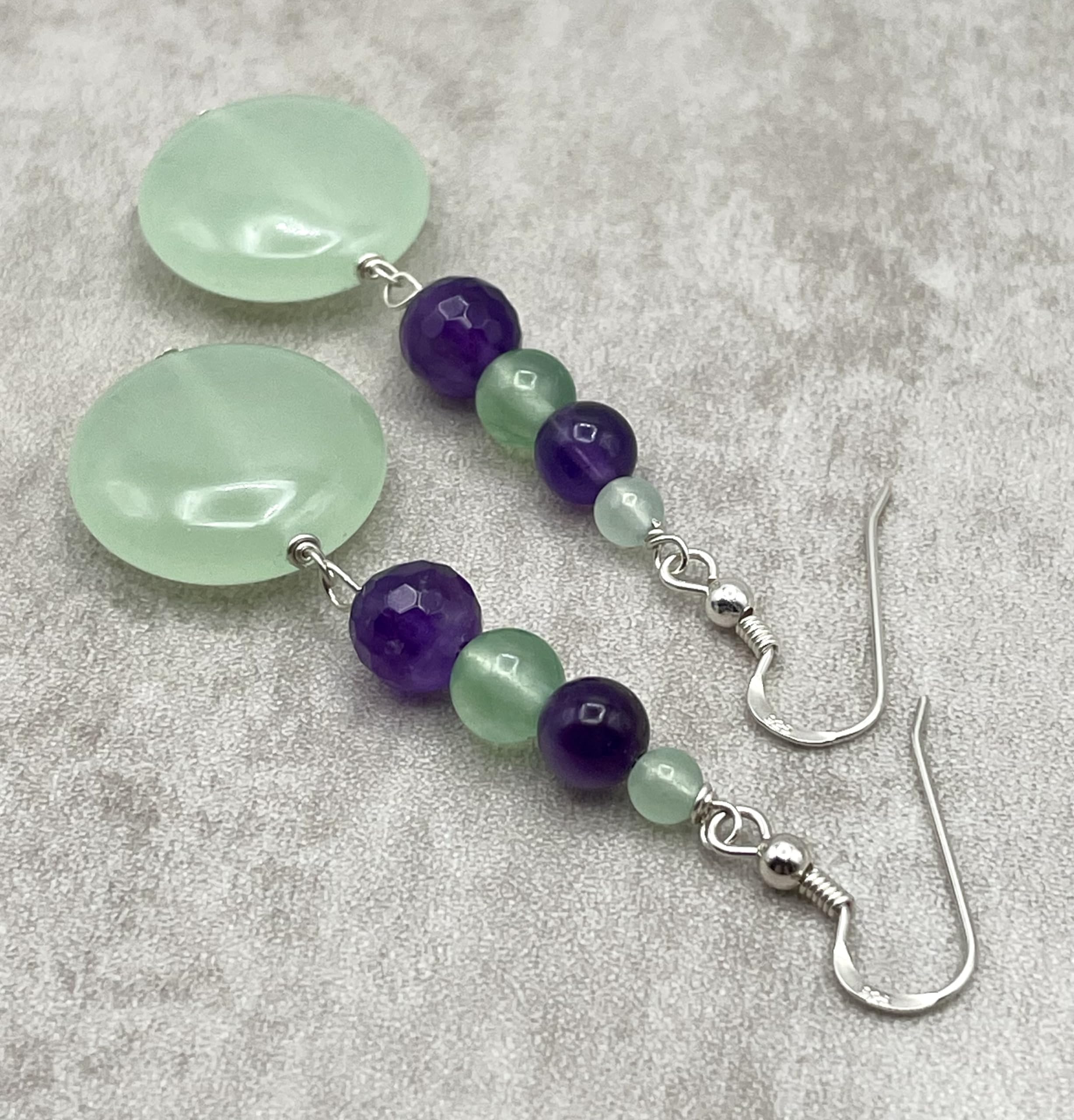 Orecchini Giada Verde e Ametista Viola, Pendenti in Argento 925, Gioielli Pietre Dure, Bijoux Estate, Regalo per Lei