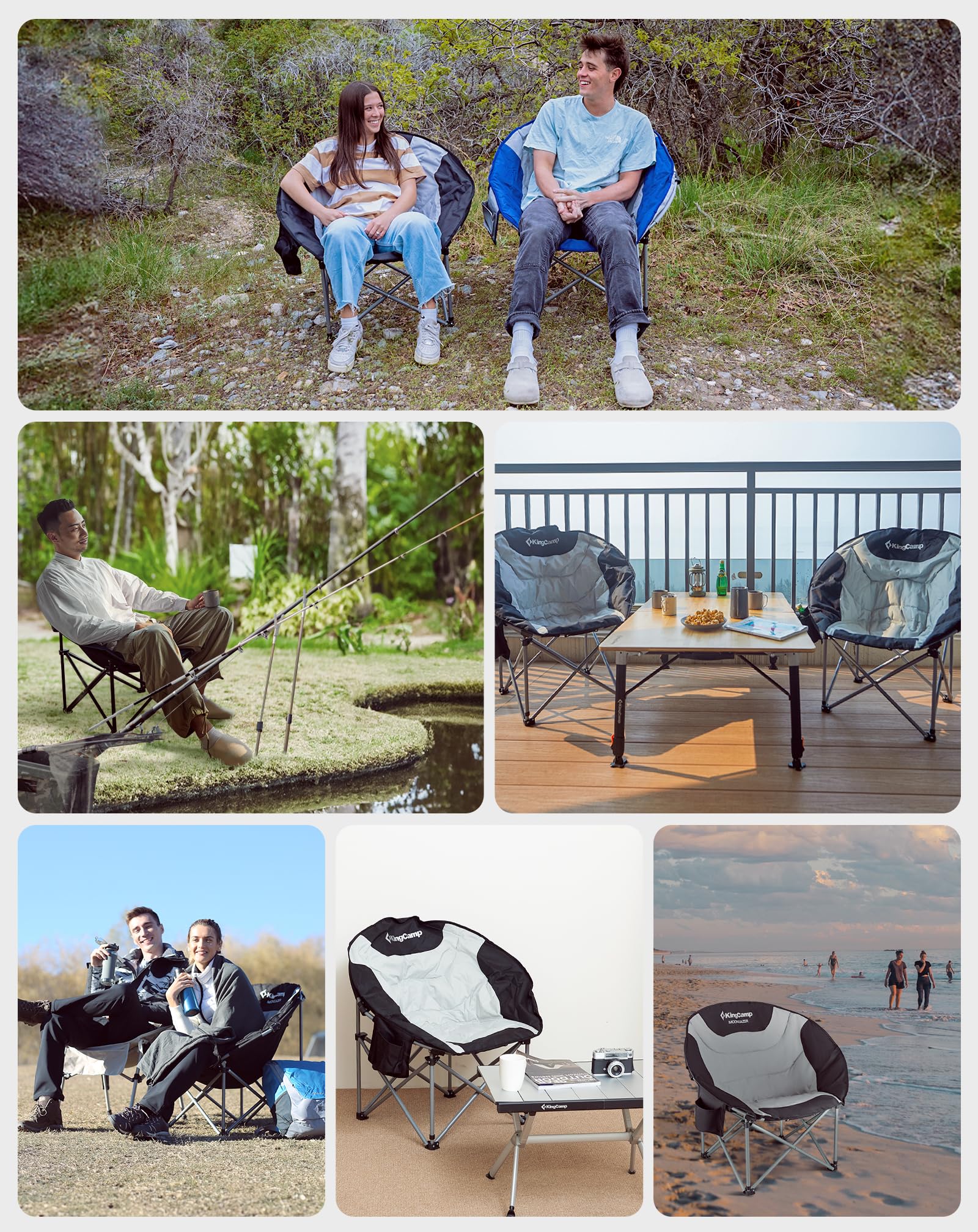 KingCamp 2er Set Moonchair Campingstuhl Faltbar bis 205kg Gepolstert | Tragbar Campingstühle mit Kühltasche, Getränkehalter & Tragetaschen für Camping, Garten, Angeln Outdoor
