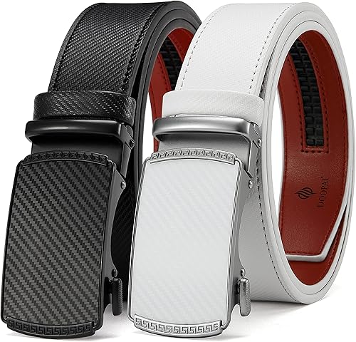 DOOPAI Paquete de 2 cinturones de vestir con trinquete para hombre, ajustable de piel auténtica de 1 38 pulgadas, longitud de tamaño que se puede