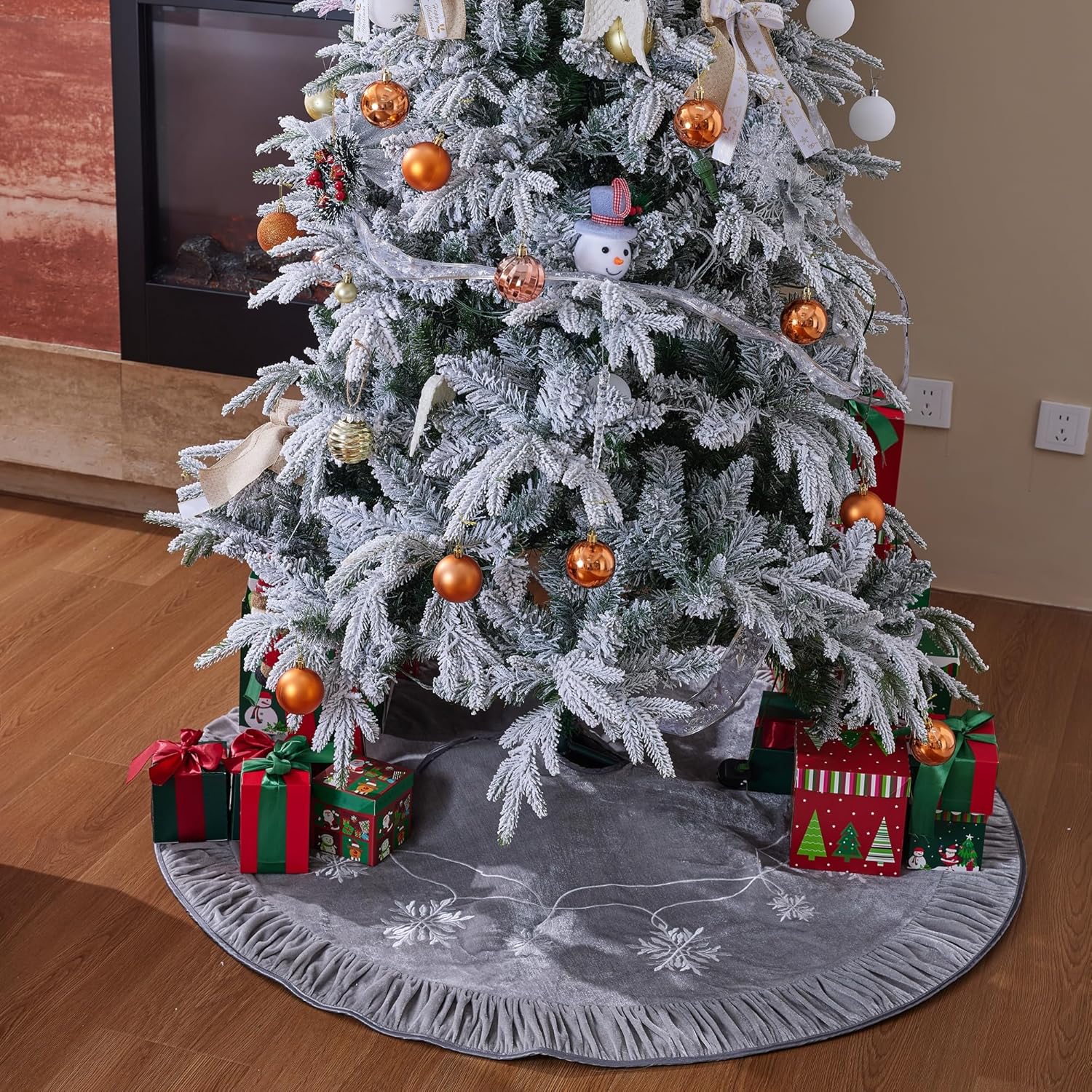 X.Sem Snowflakes Embroidered Velvet Christmas Tree Skirt with Pleat Velvet Border 50'' (Silver, 50 inch)