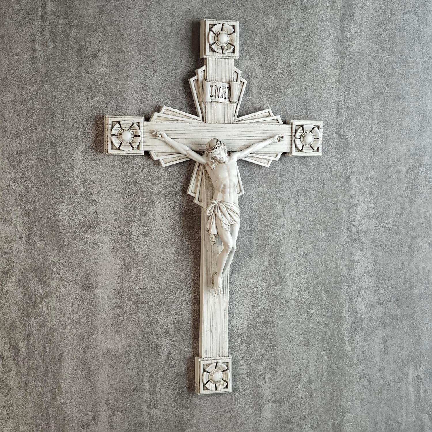 BC Catholic Crucifix Wall Cross, Jesus Christ Home Decor, Wood Carve Looking, Religious Gift, Grey White Finish, 12"H, Hand Painted by Buildclassic - Image 4