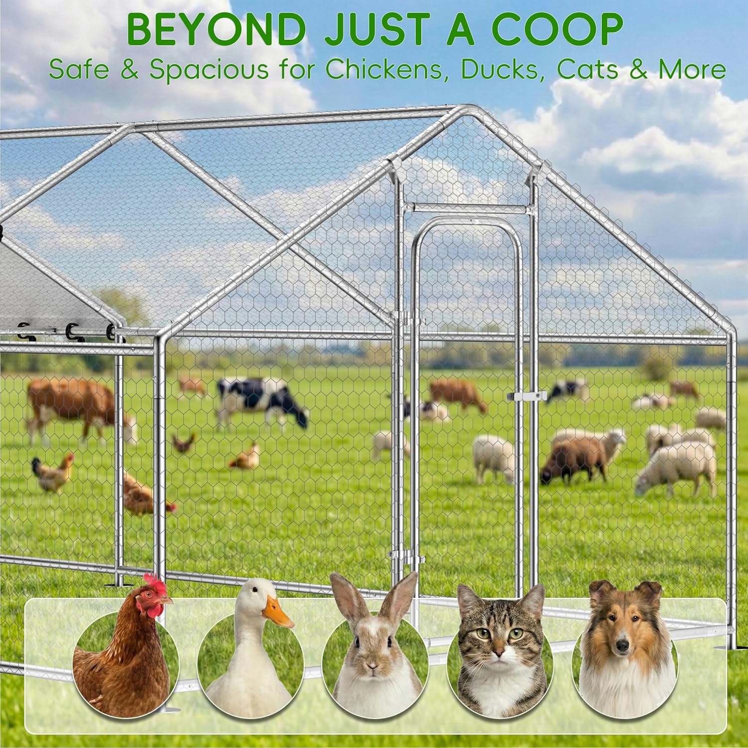 Large Metal Chicken Coop with Roosting Perch, Waterproof and UV-Resistant Cover,Outdoor Walk-in Cage Hen House for Yard Farm Rabbit Duck Chicken Run with Spire Roof (10'W x 19.7'L x 6.4'H)