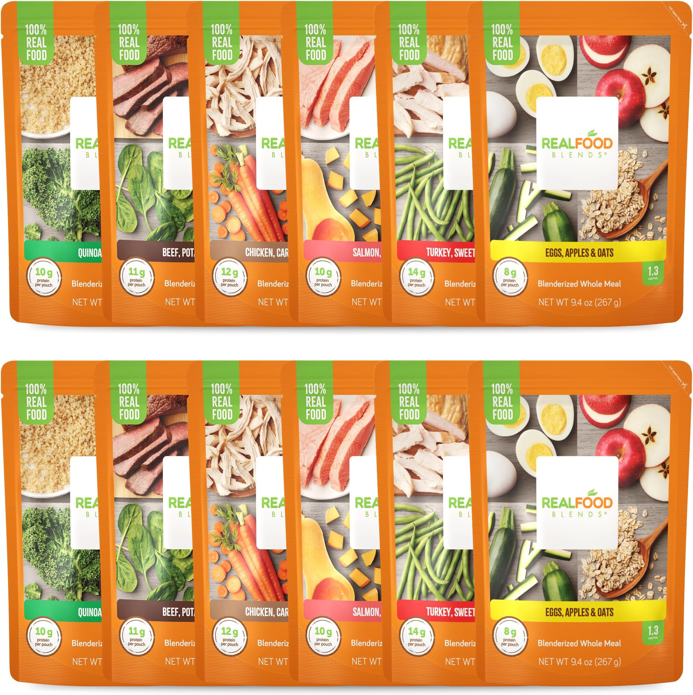 Real Food Blends Variety Pack - Pureed Food Meals for Tube Feeding with Protein, Vegetables & Fruits - 320–340 Calories Per Pouch for Lunch & Dinner - 9.4 oz (Pack of 12)