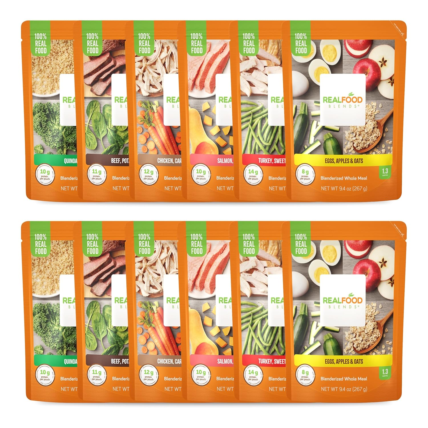 Real Food Blends Variety Pack – Pureed Food Meals for Tube Feeding with Protein, Vegetables & Fruits – 320–340 Calories Per Pouch for Lunch & Dinner – 9.4 oz (Pack of 12)