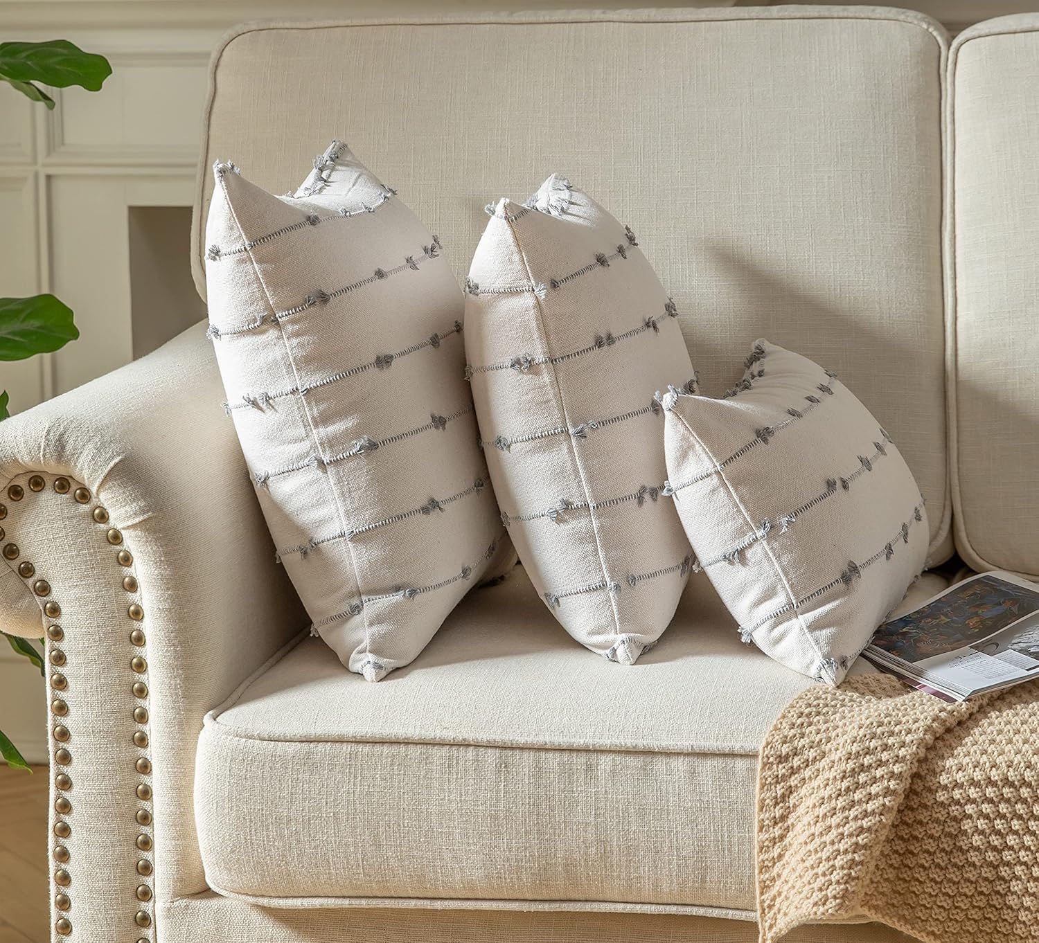 Caflife Boho Throw Pillow Covers 12x20 inches Beige and Grey, Set of 2 Modern Farmhouse Decorative Pillow Covers for Couch Bed, Living Room