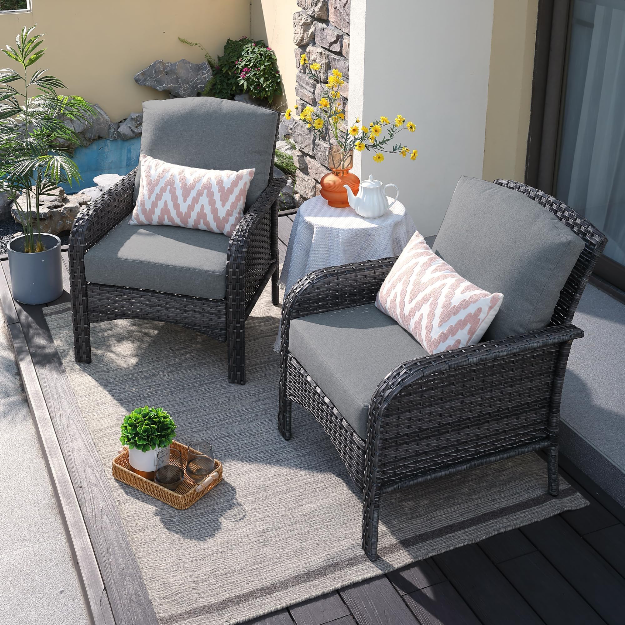 2-Piece Patio Furniture Set, Outdoor Wicker Sofa with Chairs, High Back Rattan Chair with Comfy Cushions for Porch Yard Deck, Dark Grey