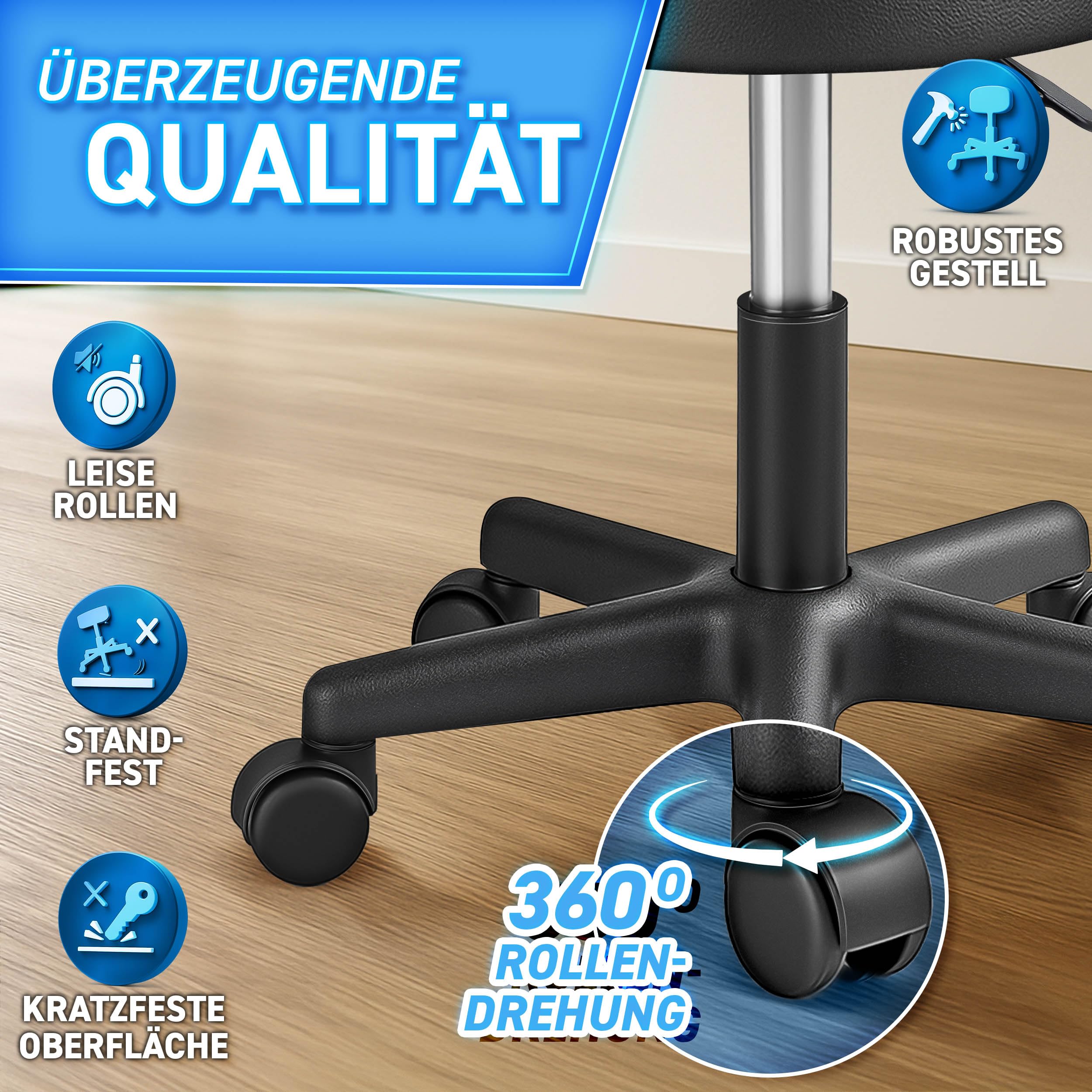 TRESKO Rollhocker höhenverstellbar Schwarz bis 150 kg | Hocker Drehhocker 10 cm Dicke Polsterung 47-60 cm Sitzhöhe | Arbeitshocker Bürohocker 360° drehbar mit Rollen