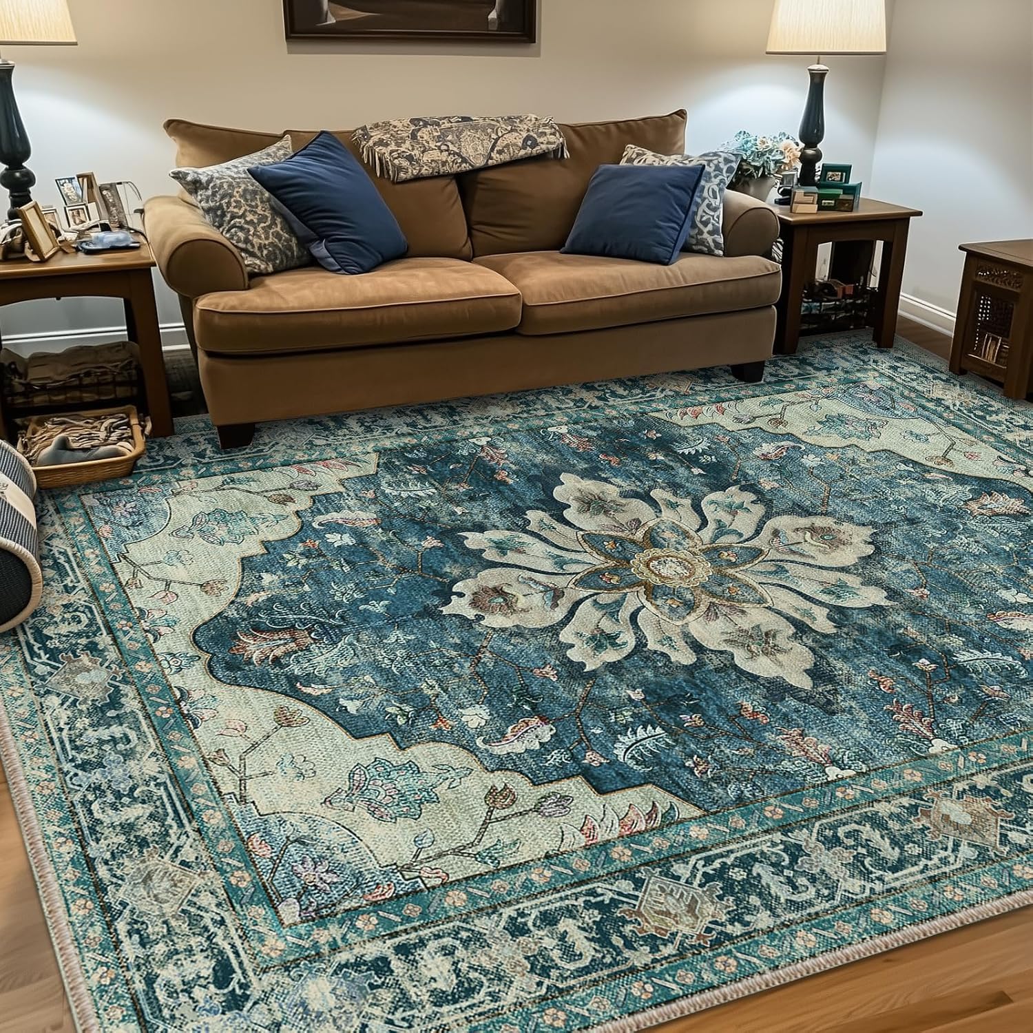 Tapis de salon bleu 160x230cm traditionnel floral pour chambre et bureau