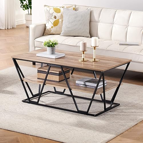TTHAETUR Industrial Coffee Table for Living Room, 47inch Wooden Center Table with Large Storage Shelf, 2-Tier Mid Century Modern Coffee Table, Rustic Oak