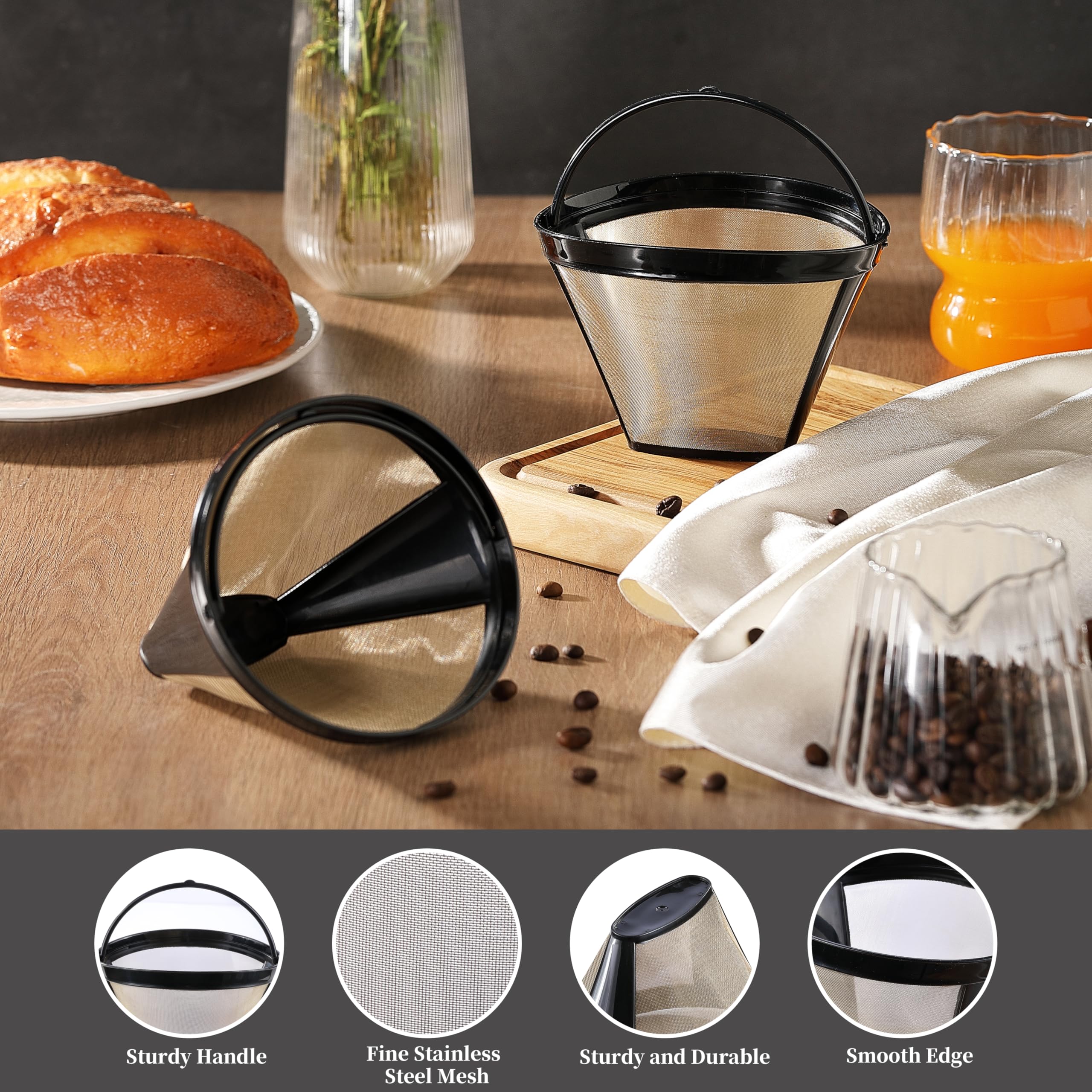 Wiederverwendbare Kaffeefilter, goldfarbenes Metall, permanenter Kaffeefilter, Ersatz für 8–12 Tassen, Kegelfilter, Kaffeemaschinen und Brauer, lebensmittelechter Edelstahl und BPA-frei, 2 Stück