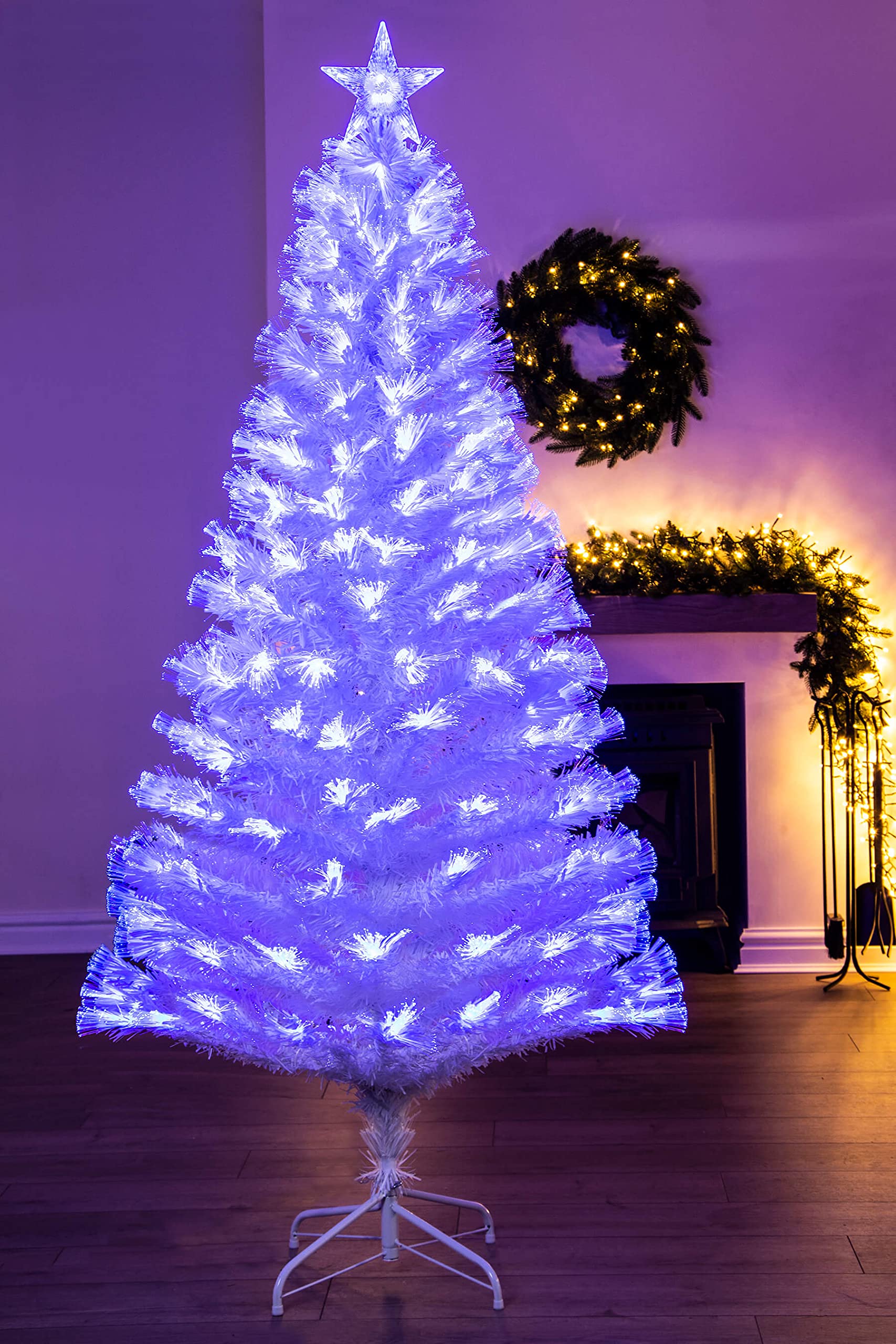 Christmas Tree World White | 6Ft Artificial Blue Ripple Effect Fibre Optic Tree | Bushy And Luxury Quality Pvc Tips | Easy To Assemble And Take Down | 80Cm Diameter