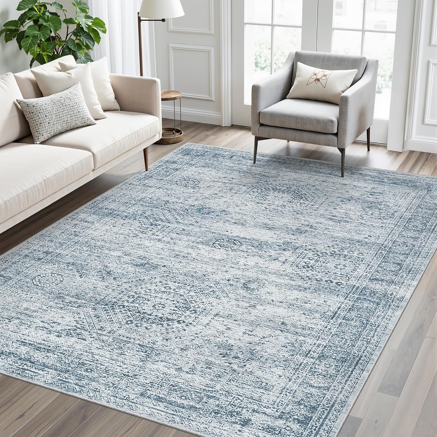 Tapis lavable antidérapant pour salle à manger et salon bleu 200x240