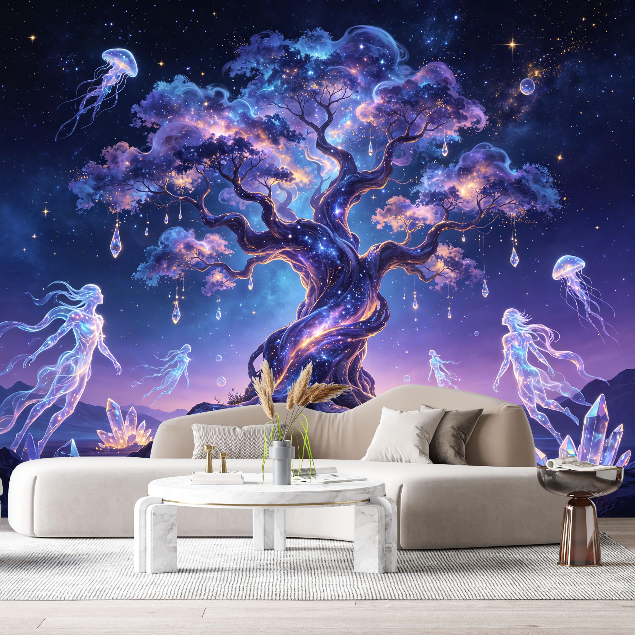 Custom Size Wall Murals Abstract Cosmic Tree Bioluminescent Jellyfish Stars Crystals SelfAdhesive Wall Fabric Removable Large Wallpaper for Photo Living Room