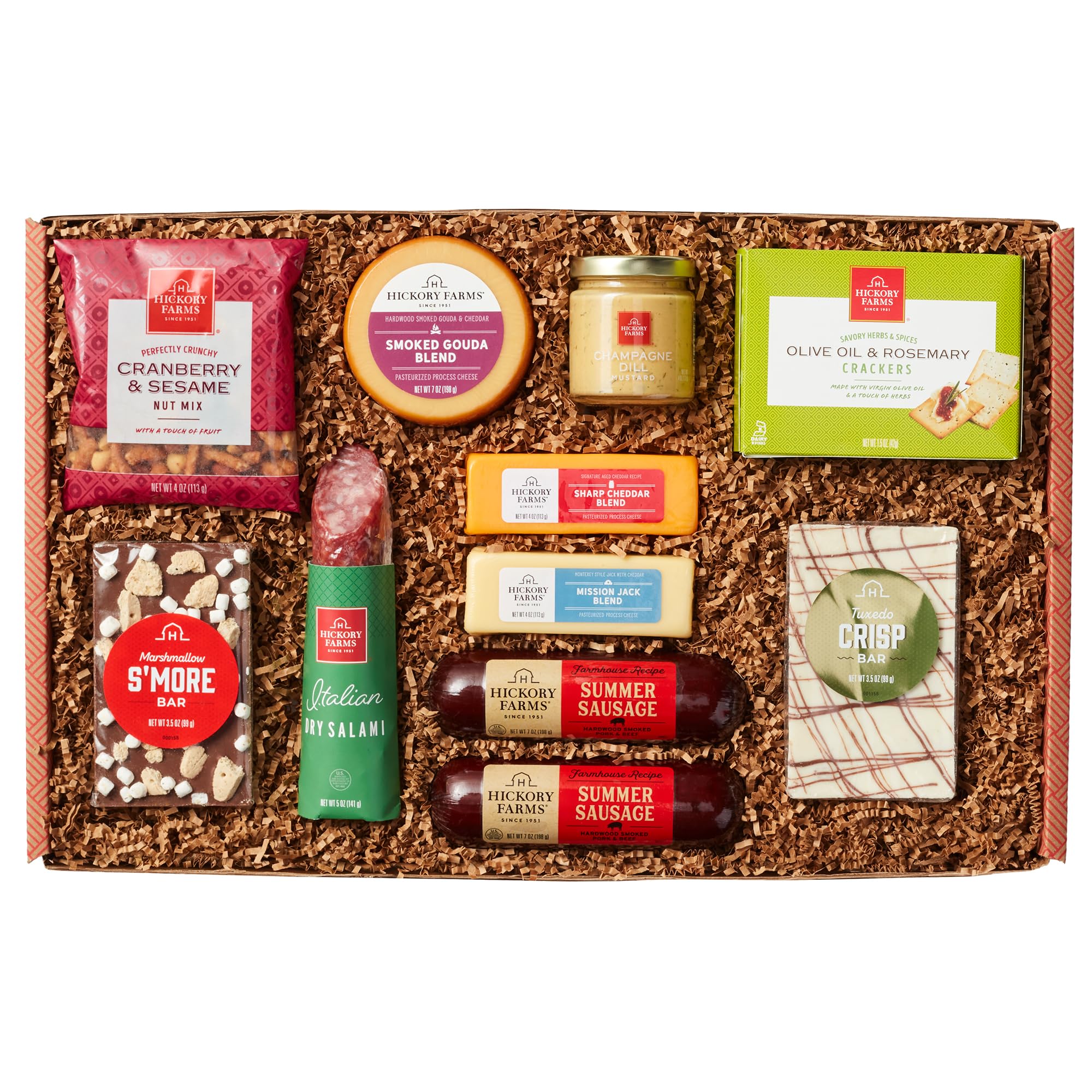 Hickory Farms Farmhouse Summer Sauage and Italian Dry Salami Charcuterie Meat, Cheese, Cracker, and Chocolate Food Gift Basket (Large) - Box Set | Father's Day | Mother's Day | Easter | Christmas | Holiday | Housewarming | Gourmet | Sympathy | Care Package