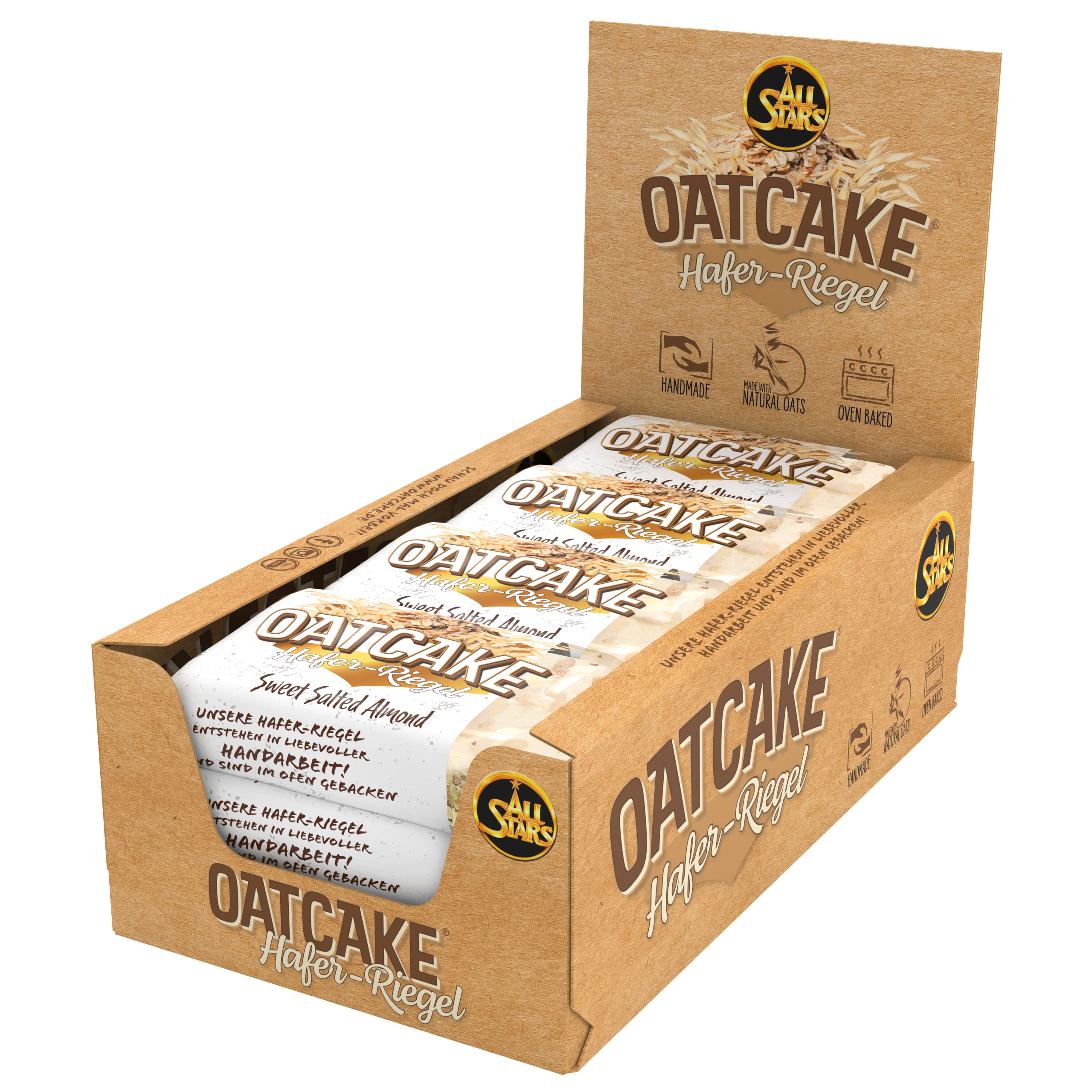 Barretta d’avena All Stars Oatcake I 12 barrette proteiche da 80 g ciascuna I Contiene molti carboidrati e fibre I Spuntino energetico ideale dal delizioso gusto mandorla dolce salata
