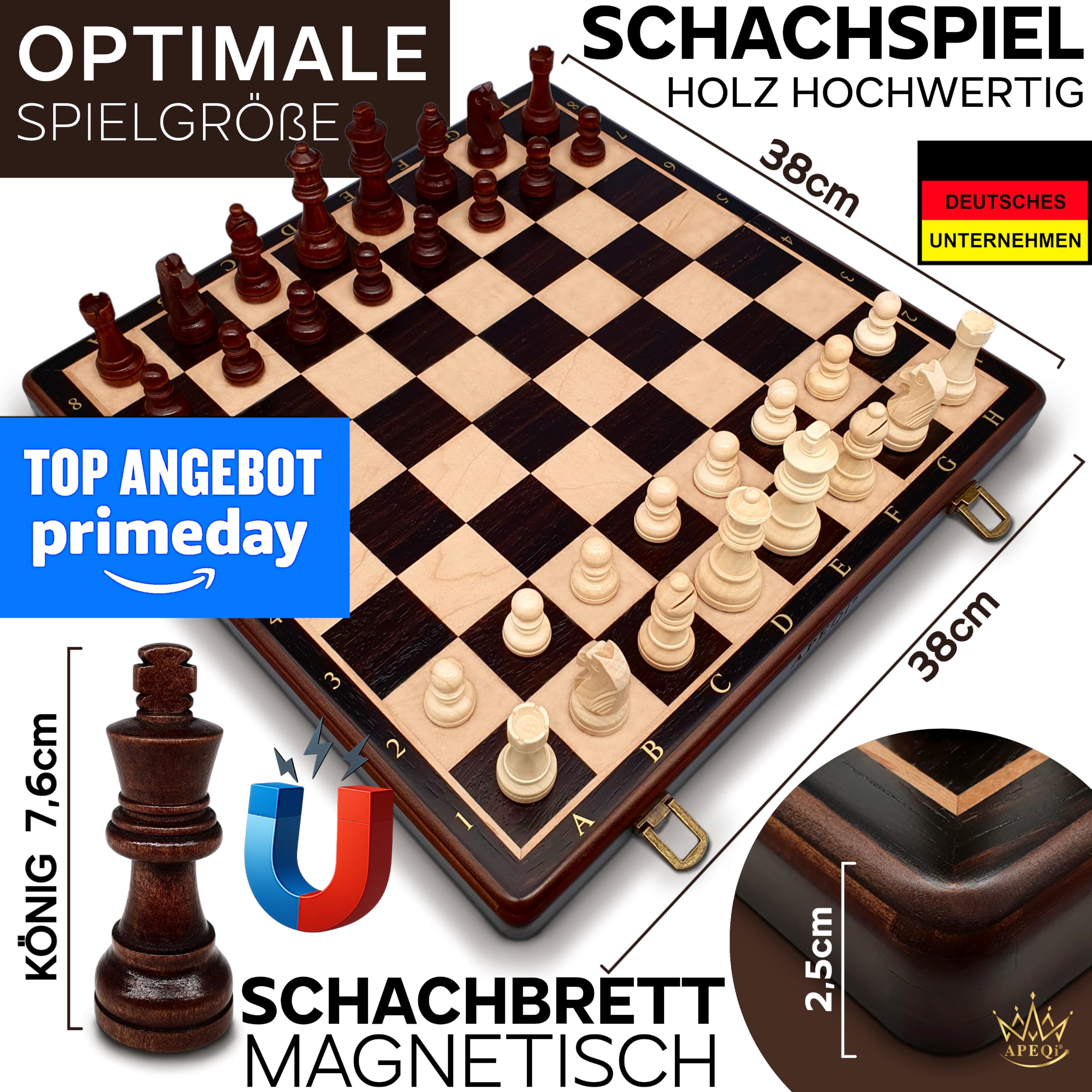 APEQi® Premium Schach MAGNETISCH - Schachspiel Holz HOCHWERTIG - [38x38cm], Massivholz, 2 EXTRA-Damen, Geschenkidee - Schachbrett Holz hochwertig - Chess Board 34 Schachfiguren Reiseschach magnetisch