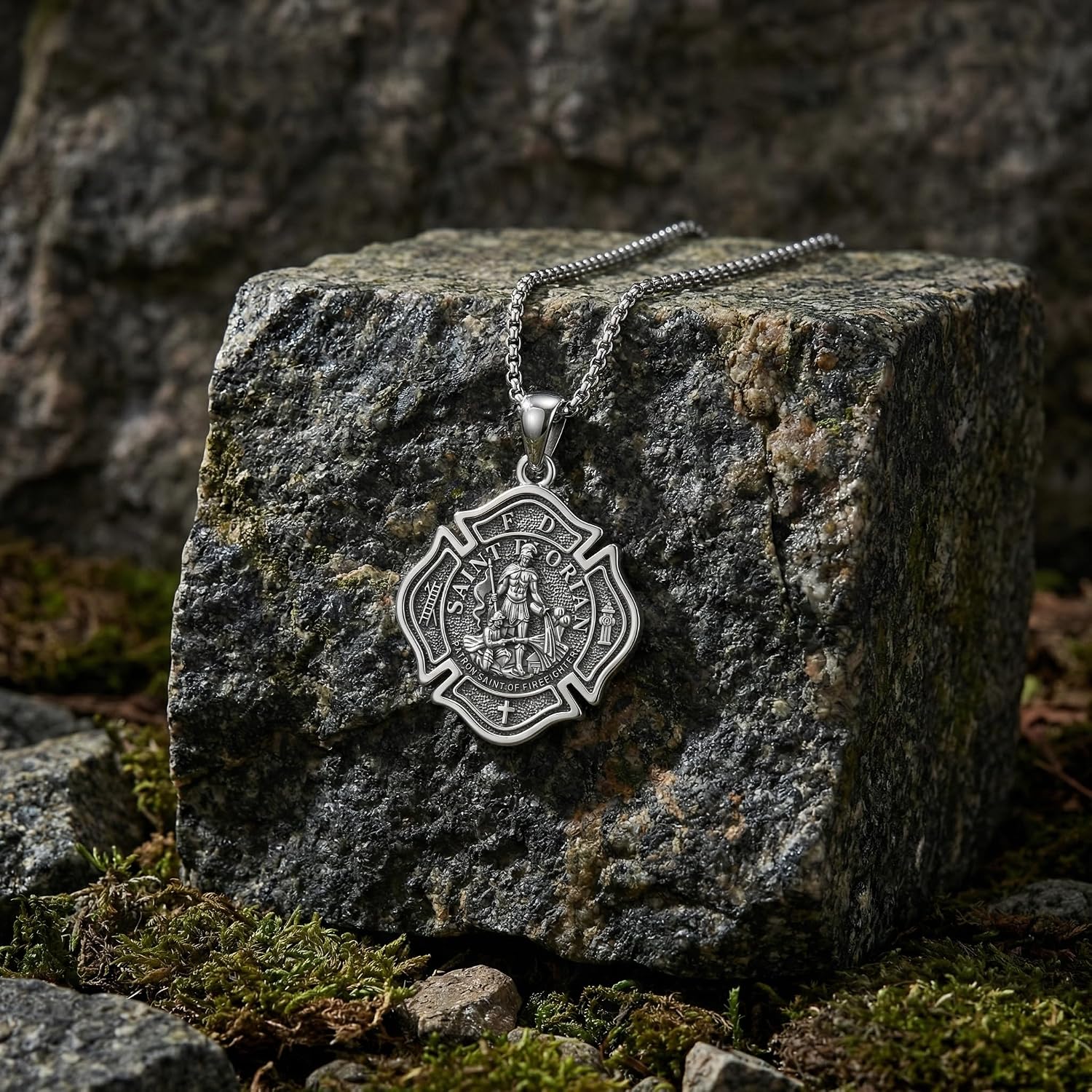 Saint Florian Necklace for Men 925 Sterling Silver Patron Saint of Firefighter Shield Pendant Oxidized Maltese Cross Necklaces Fire Academy Graduation Jewelry Gift for Him