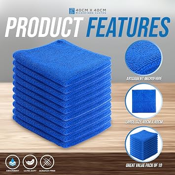 Microfibre Cleaning Cloth, Large Size 40x40cm, Super Absorbent Lint Free Microfiber Cloths Cleaning for Home, Kitchen, Surface, Mirrors, Bathrooms, Motorbike, Car (Blue, 10)