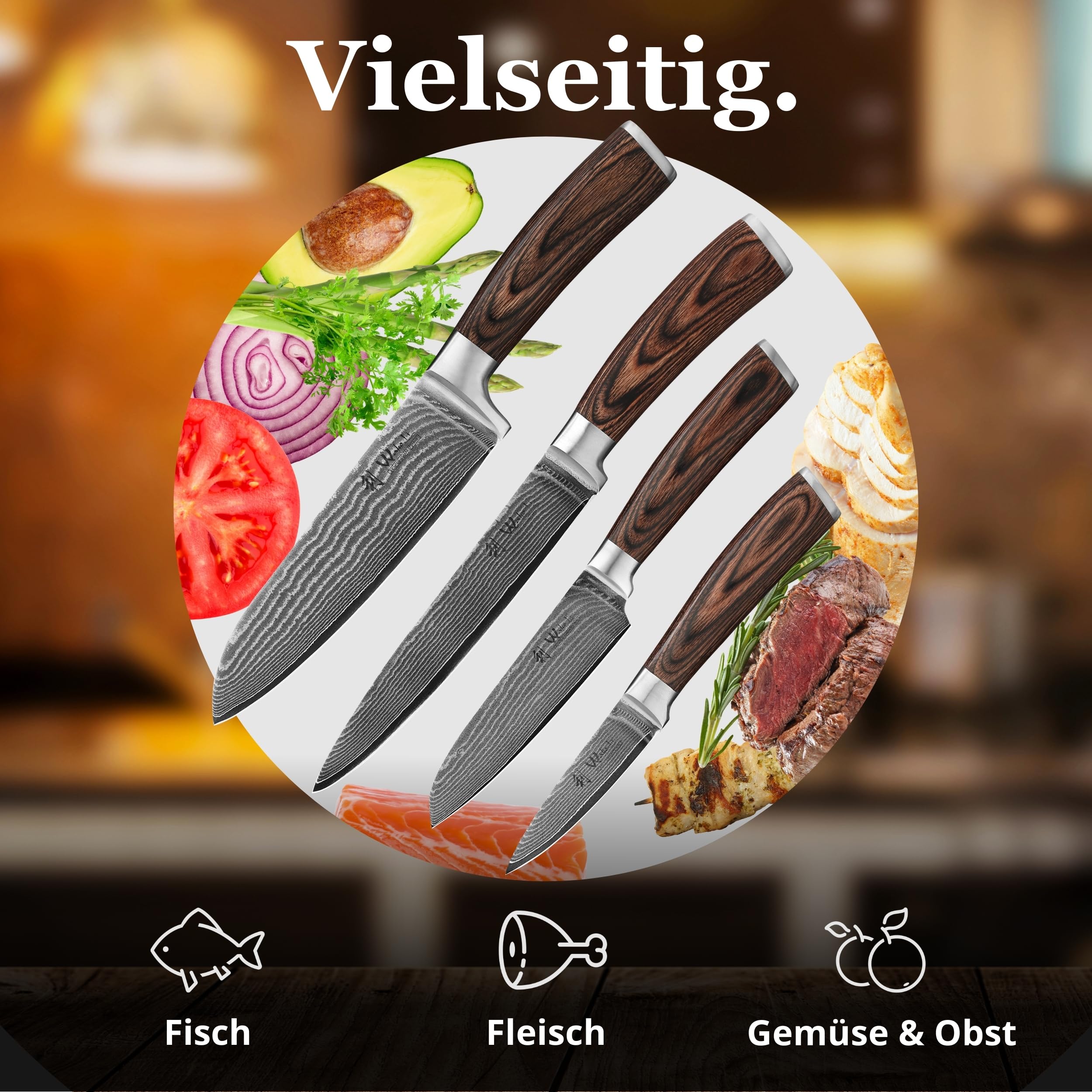 Wakoli EDIB 4-teiliges Küchenmesser Set aus Damaststahl (VG10 Kern) in edler Geschenkbox – Scharfes Damastmesser Set mit Pakkaholzgriffen – Messerset mit 2x Santoku, Fleischmesser & Officemesser