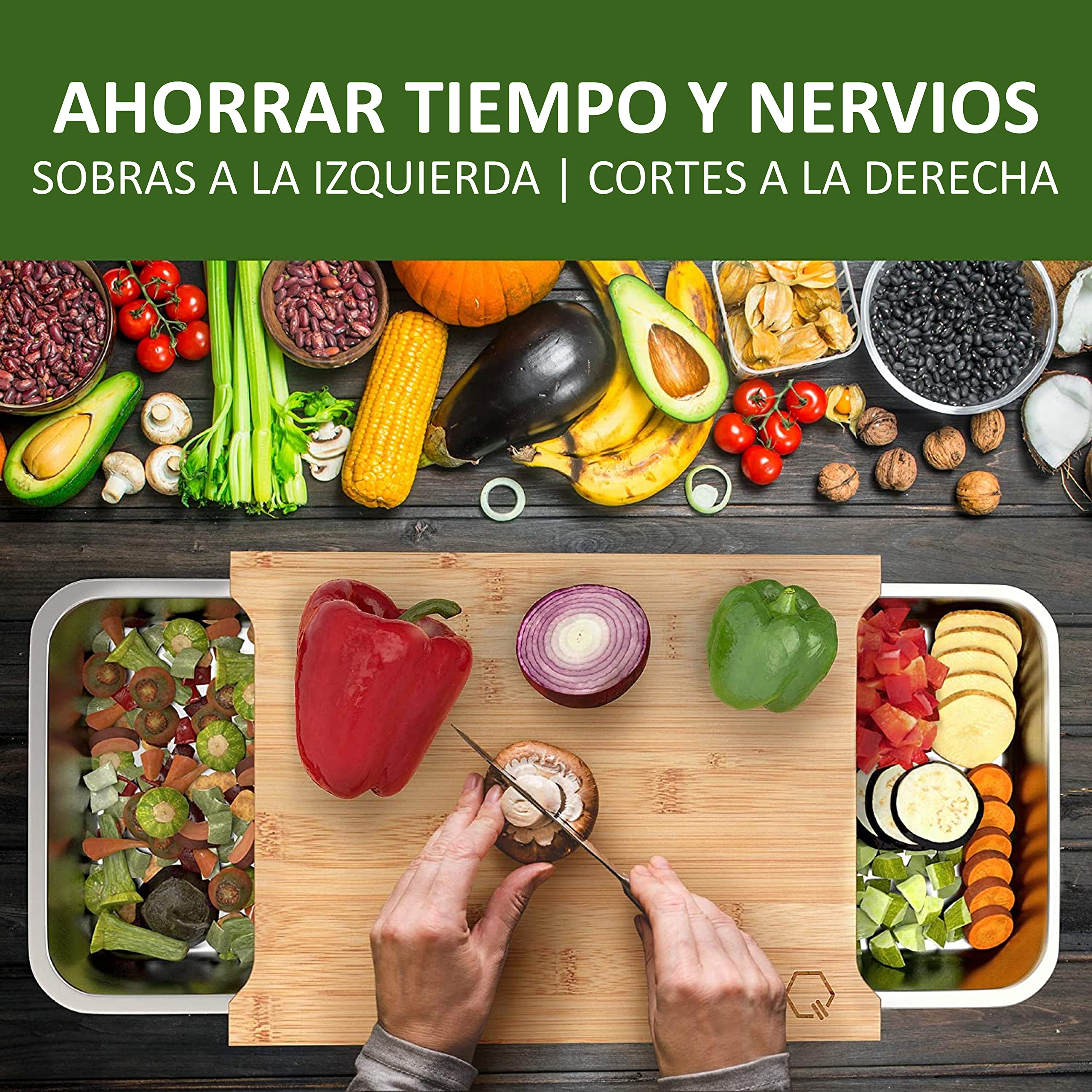 Premium Tabla de cortar con bandejas, bambú con 3 placas de cocción de acero inoxidable, apto para lavavajillas,Tabla de cortar de cocina multifuncional.