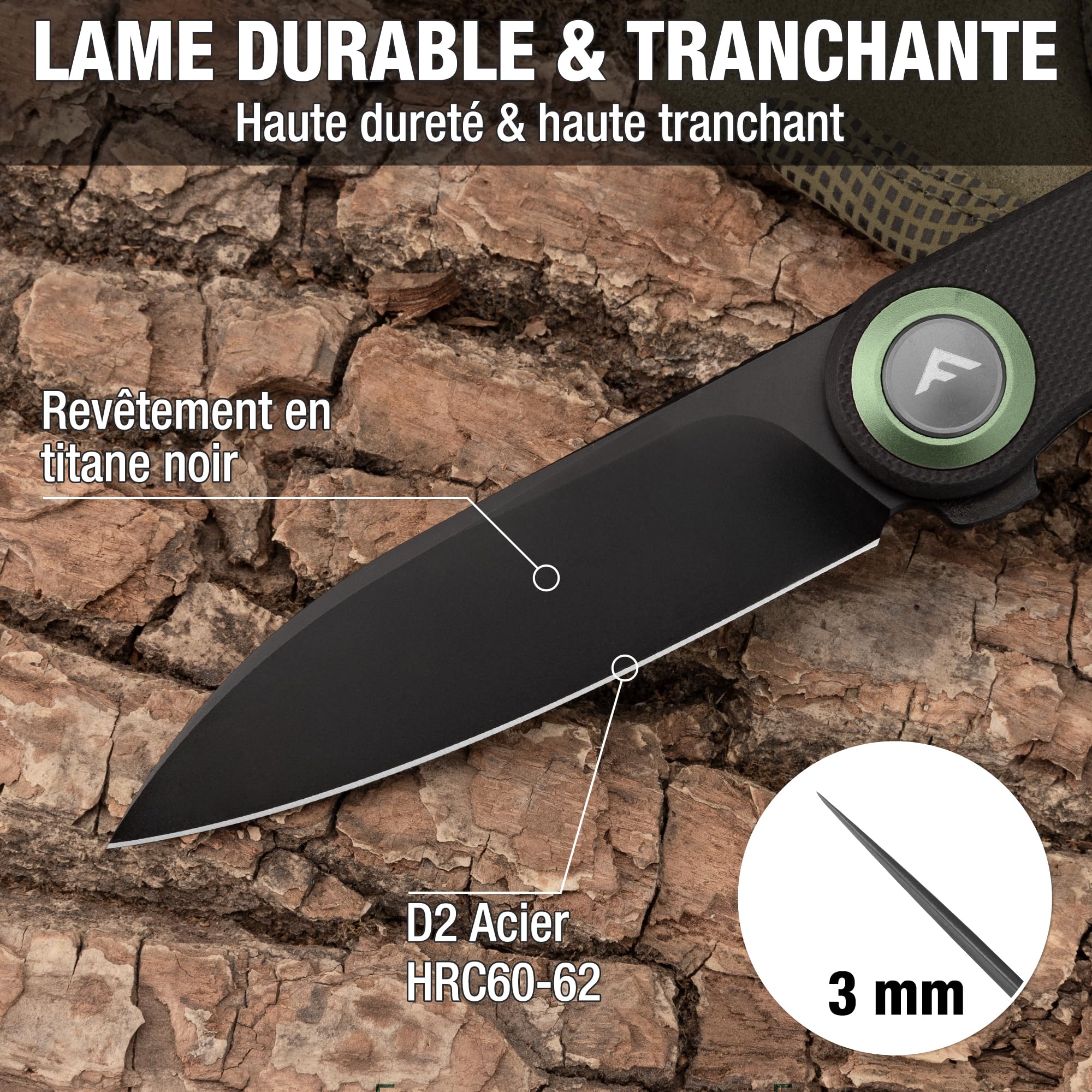 FLISSA Couteau Pliant EDC en Acier D2 avec Manche G10 Noir et Accents Vert Olive, Couteau Compact à Lame Noire 8 cm pour Camping, Randonnée et Usage Quotidien