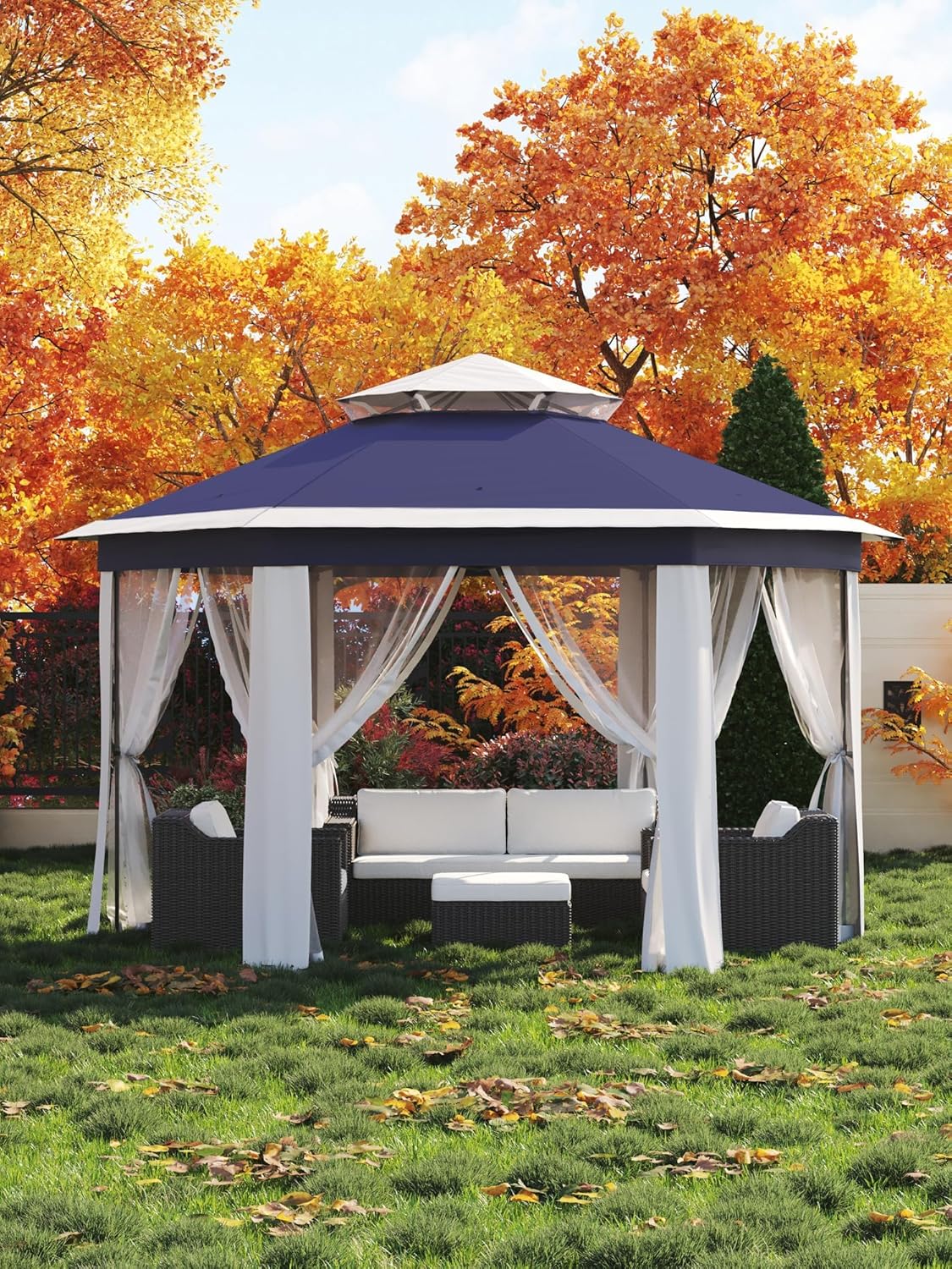13' x 13' Pop Up Gazebo, Hexagonal Instant Outdoor Gazebo Tent with Mosquito Netting, 3 Adjustable Hights Patio Tent Canopy for Backyard, Garden, Lawn, Blue+Beige