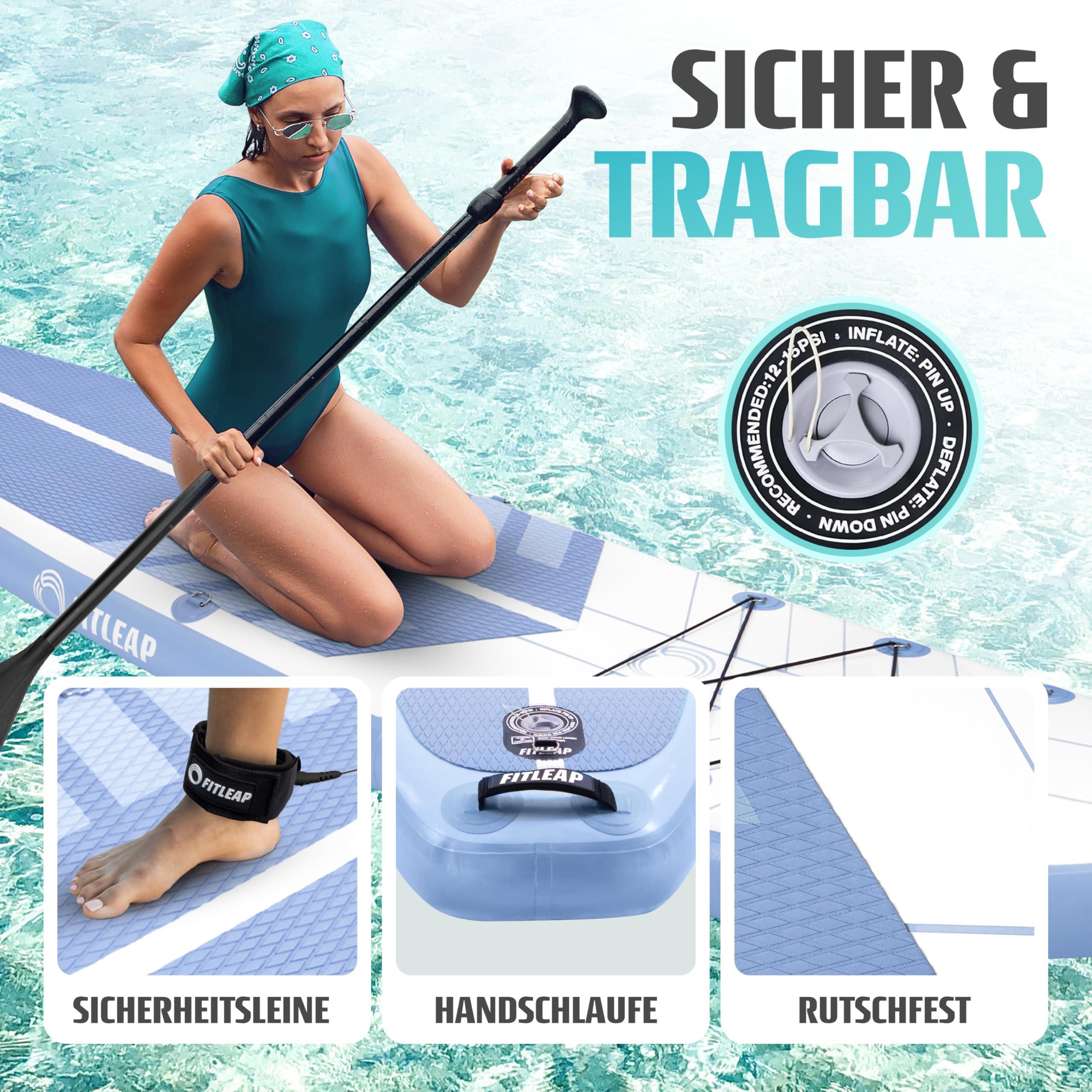 Fitleap Premium Stand Up Paddle Board aufblasbar - SUP Board Set mit Hochdruckpumpe, verstellbarem Paddel und Rucksack - Ideal für Anfänger und Profis - Perfekt für Yoga, Surfen und Wassersport