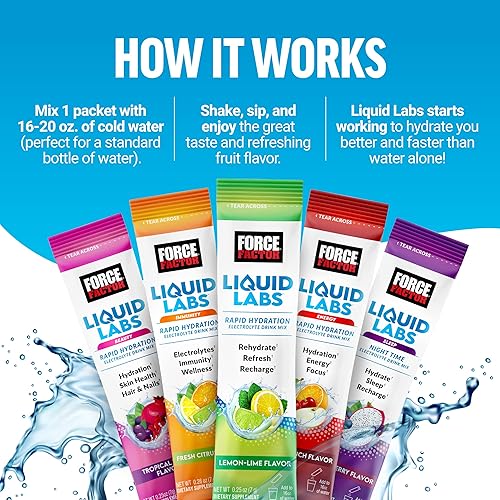 Miniatura 5 de FORCE FACTOR Liquid Labs - Electrolitos en polvo, paquetes de hidratación para hacer agua de electrolitos con 5 electrolitos esenciales, vitaminas y