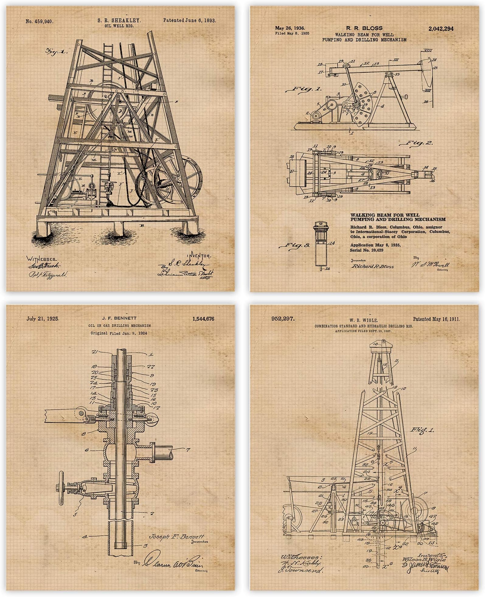 Vintage Oil Rig Equipments Patent Prints, 4 (8x10) Unframed Photos, Wall Art Decor Gift for Home Work Office Crude Drilling Machine Gears Garage Shop School Student Teacher Texas Cowboys Farmers