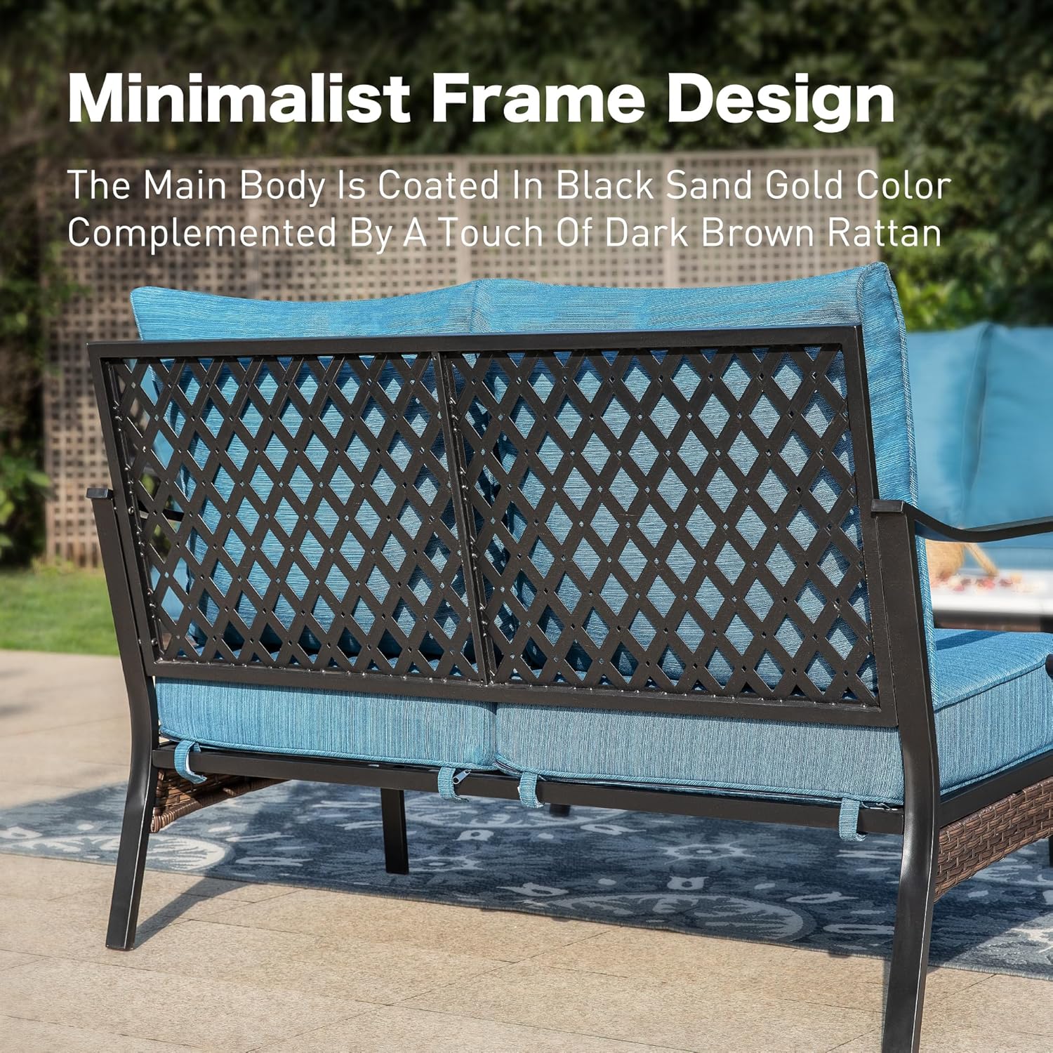 Metal Patio Furniture Loveseat with 5.75" Extra Thick Waterproof Cushion, 2-Seat Deep Seating & High-Back Black Outdoor Couch All Weather Outdoor Seating for Gazebo Porch, Peacock blue