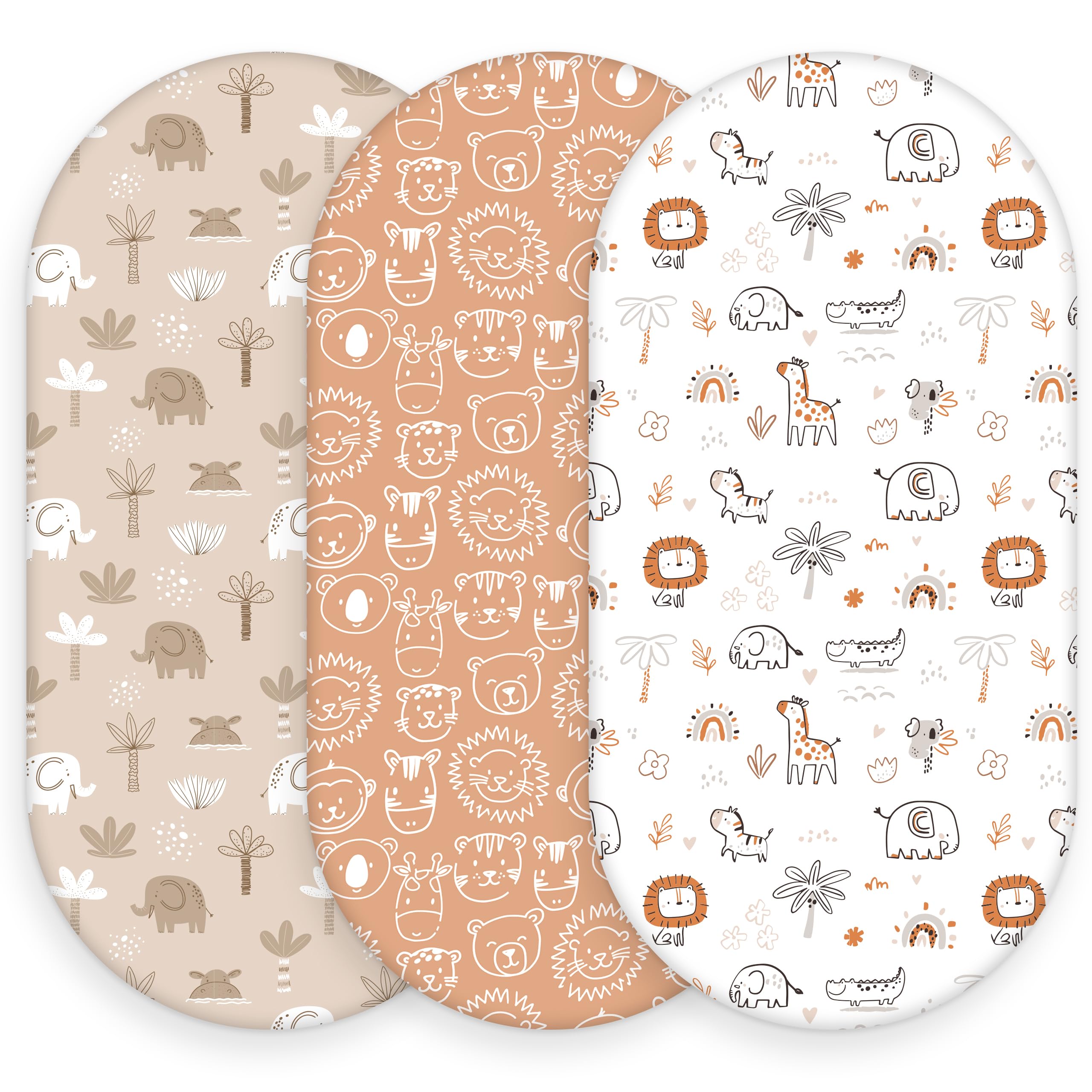 Baby Bassinet Sheets, 3 Pack Fitted Bassinet Mattress Sheets, Compatible with Halo Bassinest Swivel Sleeper &amp; Oval Hourglass Rectangle Mattress, Ultra Soft Orange Animal World