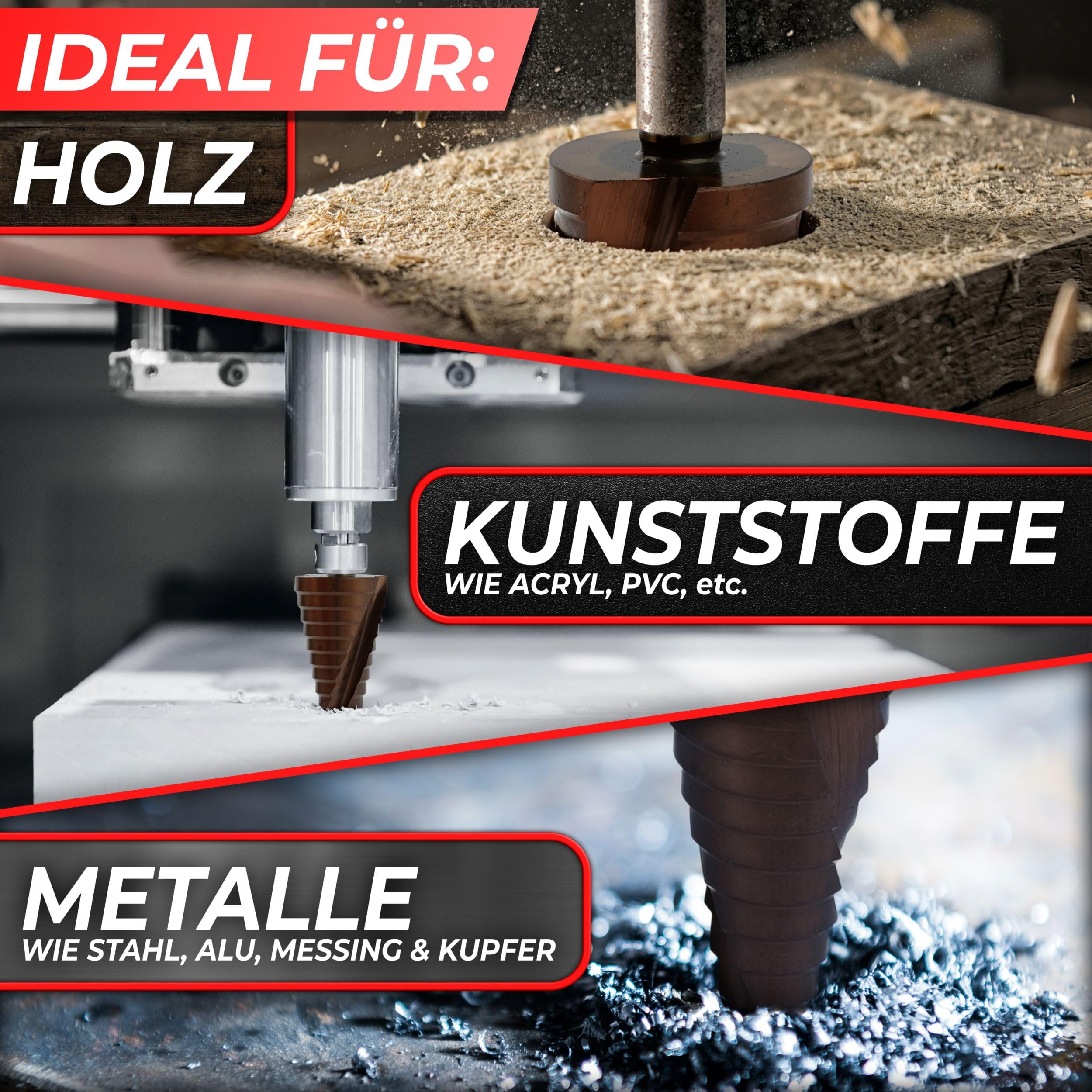 Woltersberger® Set di 3 punte a gradini HSS Powerline Spiral, punte coniche Ø 4 – 32 mm, 4 – 20 mm, 4 – 12 mm, per fori puliti, per pelapatate in metallo, alluminio e acciaio inox