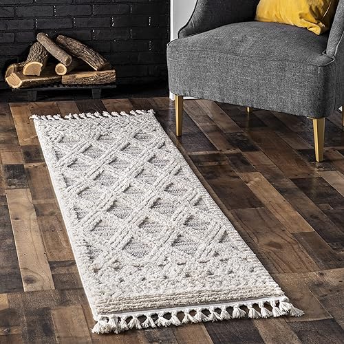 nuLOOM 2'6" x 8' Ansley Moroccan Tassel Area Rug, Light Grey, High-Low Textured Bohemian Design, Plush High Pile, Stain Resistant, For Bedroom, Living Room, Hallway, Entryway