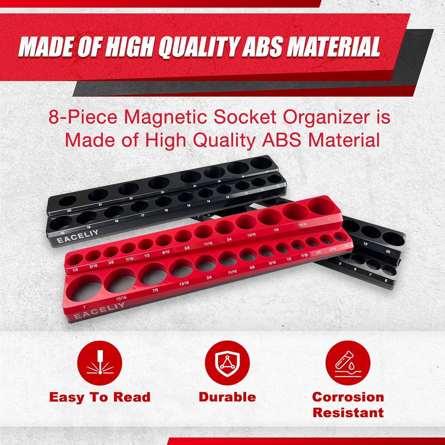 8Pcs Magnetic Socket Organizer Set, 1/2", 1/4" and 3/8" SAE & Metric Deep & Shallow Tools Tray Holder Kit, holds 199pcs Sockets (sockets not included) (8PC 1/2&3/8&1/4)