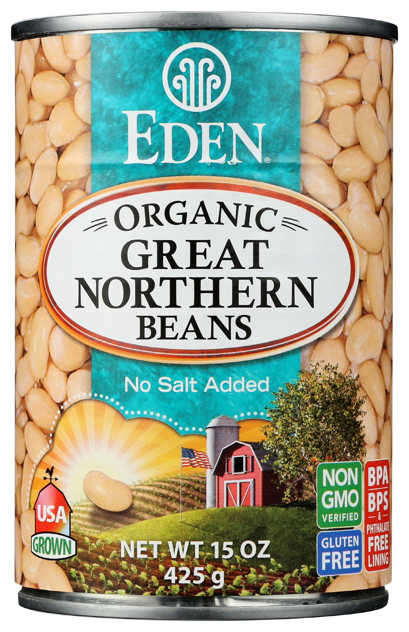 Eden Organic Great Northern Beans, 15 oz Can, No Salt, Non-GMO, Gluten Free, Vegan, Kosher, U.S. Grown, Heat and Serve, Macrobiotic, Similar to Cannellini, Smoother