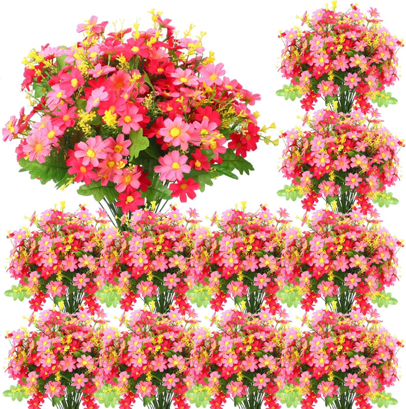 Yinder 21 Bundles Artificial Flowers Outdoor UV Resistant Faux Plants Wildflowers Bulk Plastic Daisies Flower for Summer Hanging Planter Porch Window Home Garden Decor Spring Wedding(Pink)