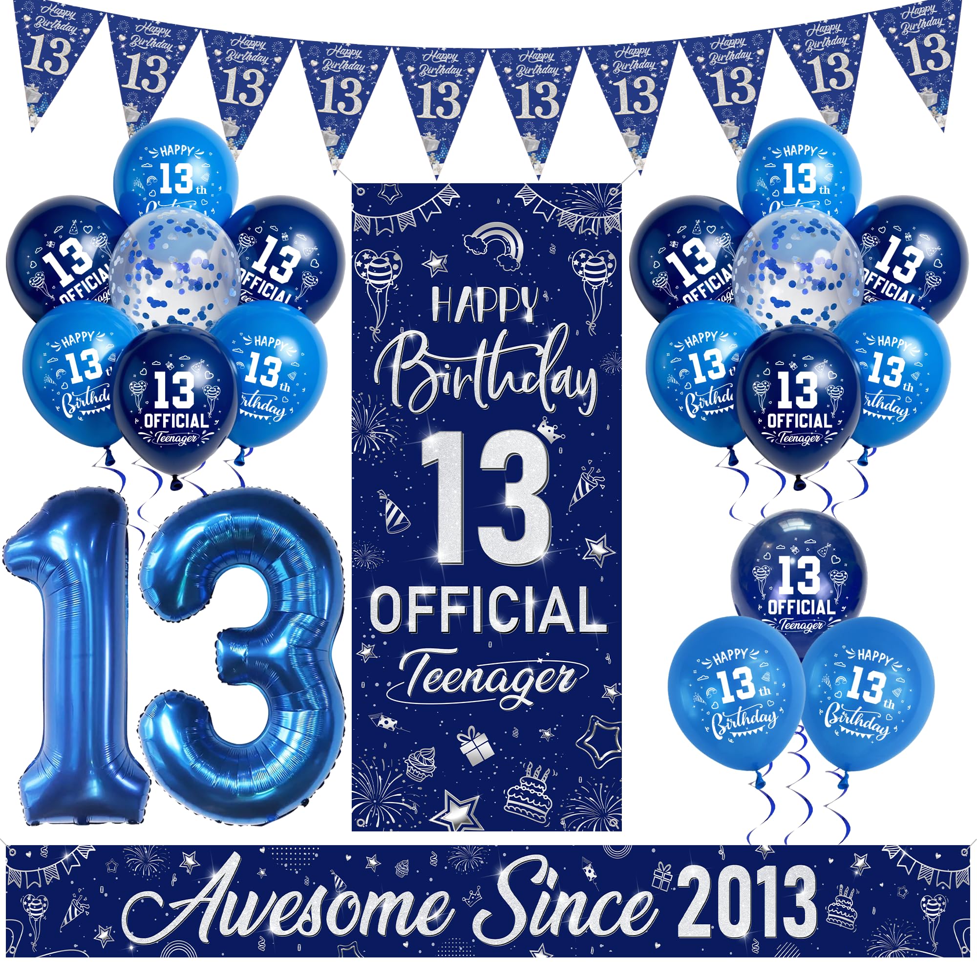 Flerramao 13th Birthday Decorations Boys, Blue Official Teenager Birthday Banner, Awesome Since 2013 Garden Banner, 32 Inch Number 13 Foil Balloon, Bunting, Confetti Balloons for 13 Years Old