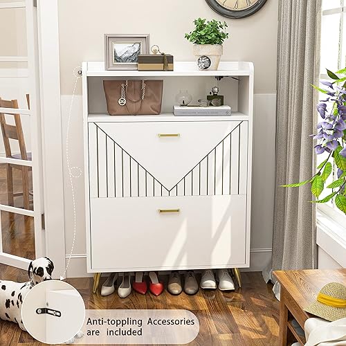 Miniatura 3 de Aheaplus Shoe Cabinet with Flip Doors, Shoes Storage Organizer with Motion Sensor Led Light, Entryway Wood Freestanding Tipping Bucket Shoe Rack