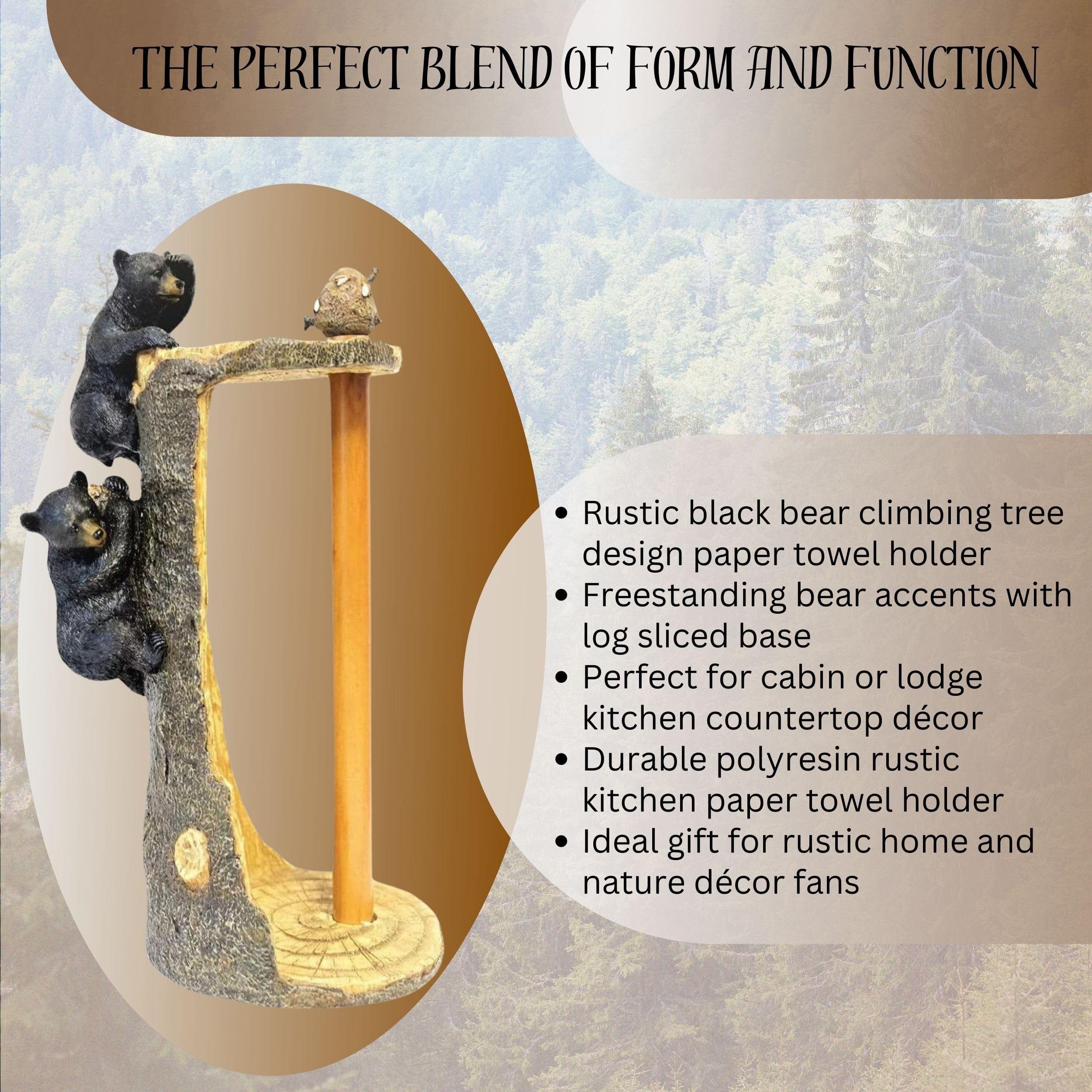 BestGiftEver Black Bear Climbing Tree Paper Towel Holder Stand Dispenser, Rustic Woodland Home Kitchen Countertop Decor - Wildlife Themed Paper Towel Holder for Cabin, Lodge, and Rustic Kitchens