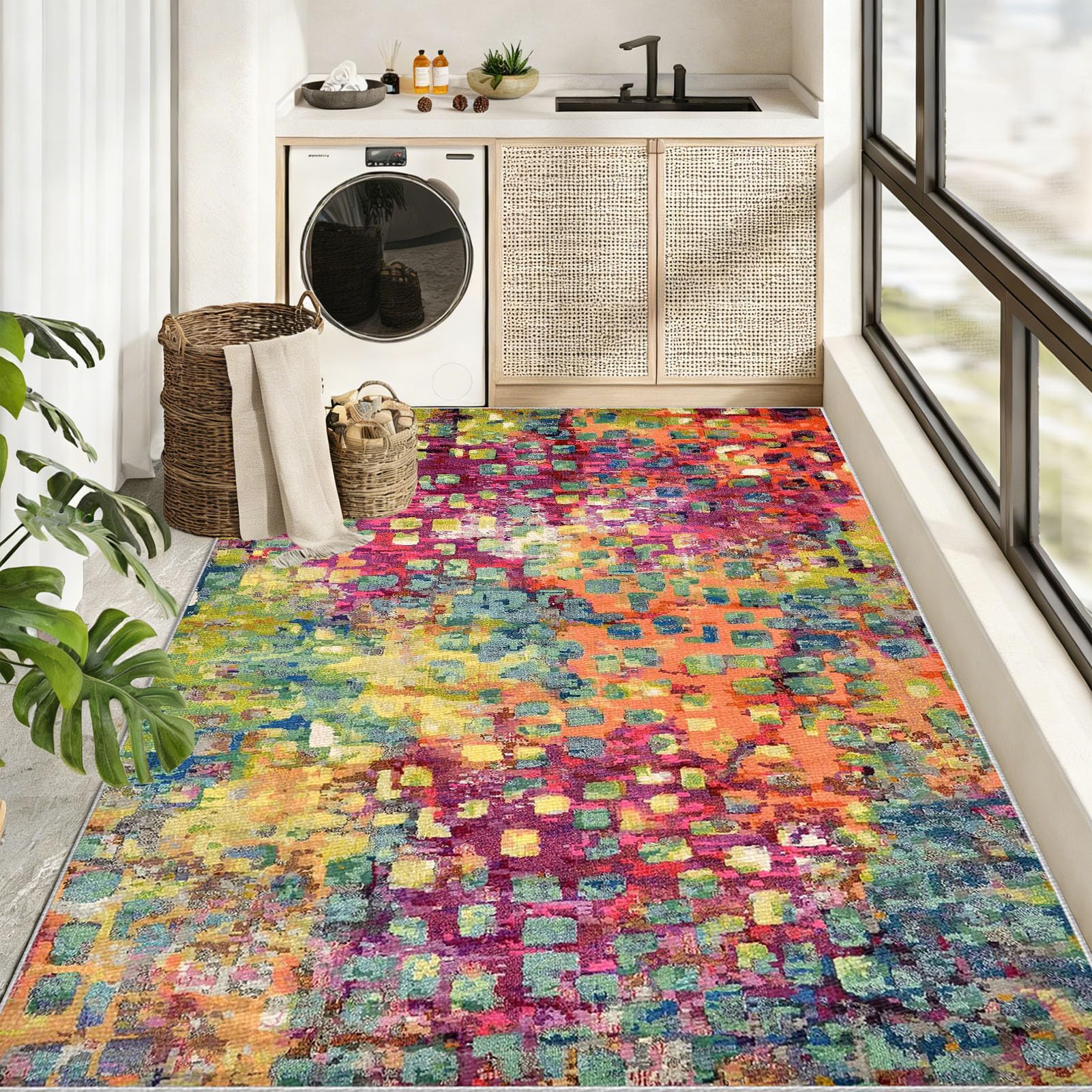 Dywan do salonu, nadaje się do prania, z krótkim włosiem, w stylu vintage, szary, 170 x 190 cm, duży, antypoślizgowy, do sypialni, biura, jadalni
