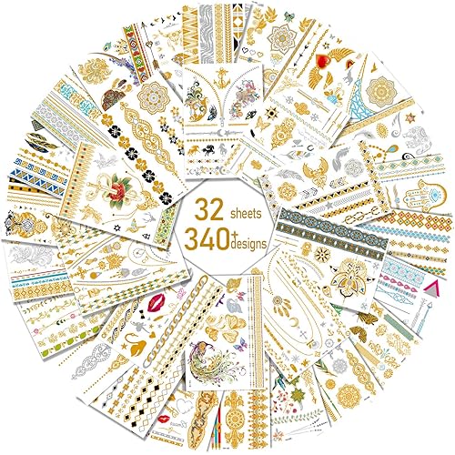 Aresvns Tatuaje dorado metálico de 32 hojas, más de 340 tatuajes temporales flash para mujeres, adolescentes, niñas, niños, tatuajes de henna flash