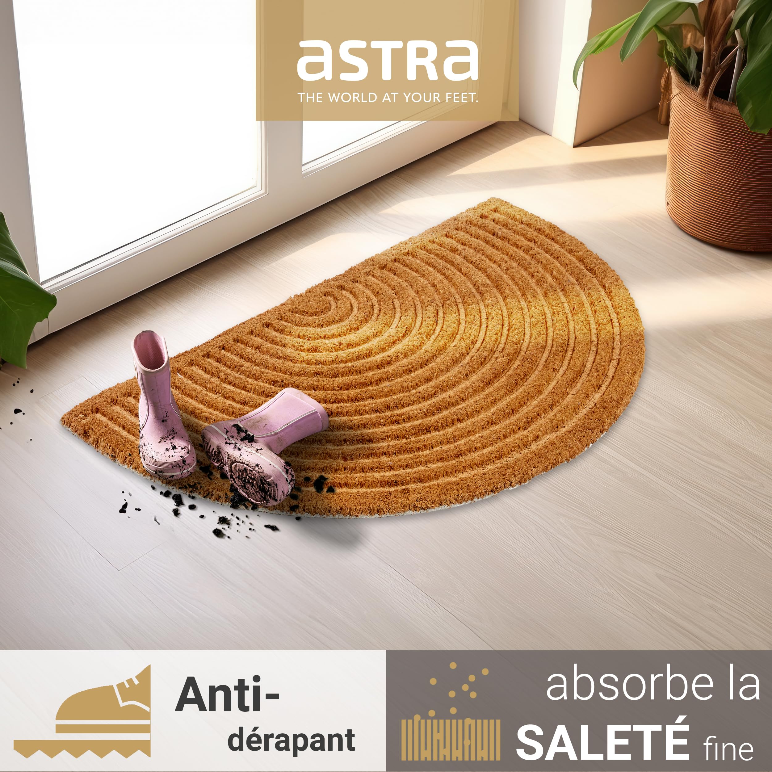 ASTRA Paillasson Moderne Coco 45x75cm Semi-Arrondi Nature - Tapis Anti-dérapant Robuste - Paillasson Intérieur/Extérieur Couvert